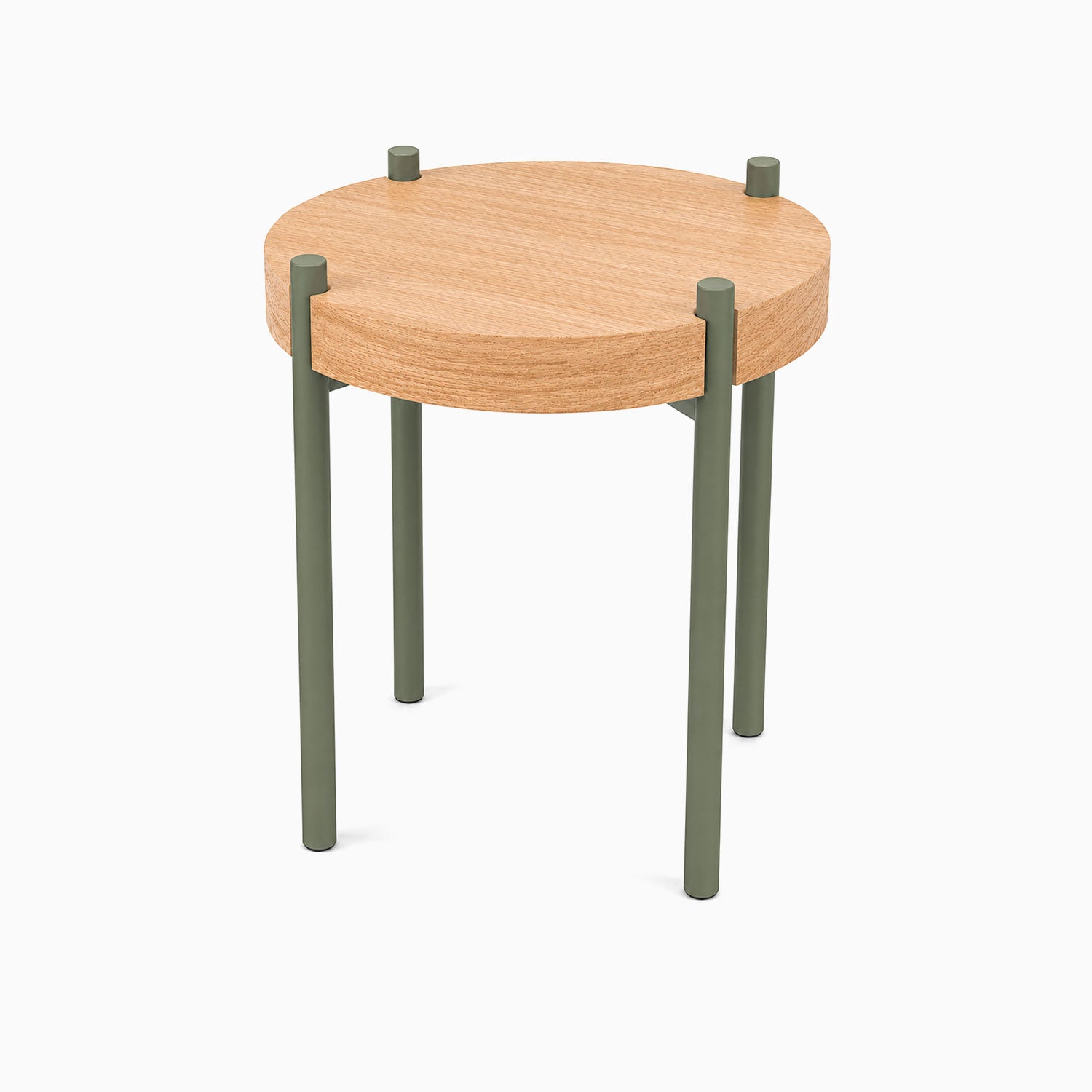 Fern Plant Stand (White Oak) featuring a round white oak top with sturdy green metal legs, showcasing minimalist mixed-material design by Shelfology.