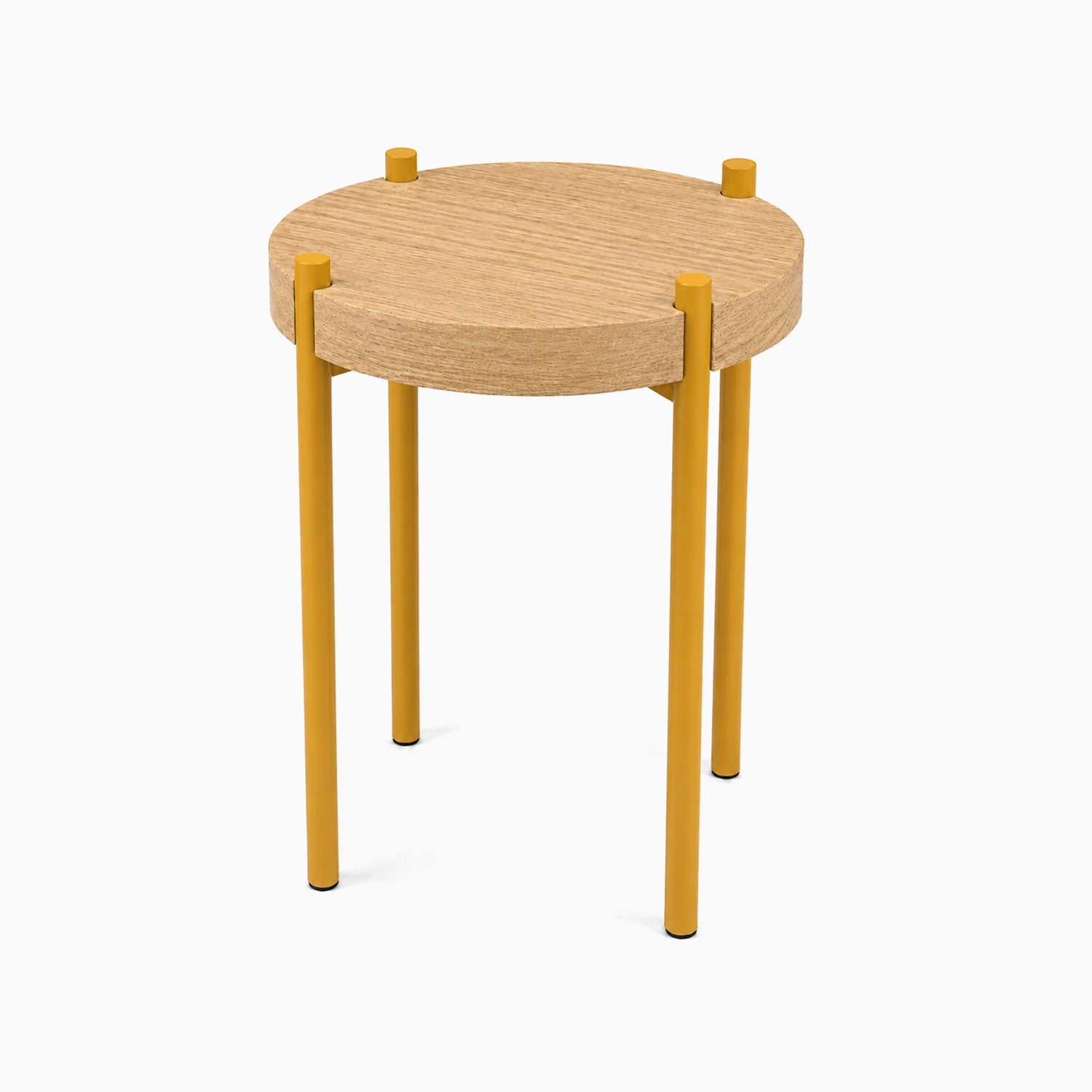 Fern Plant Stand (White Oak) with a round solid hardwood top and slim cylindrical legs in mustard yellow, minimalist design for modern decor.
