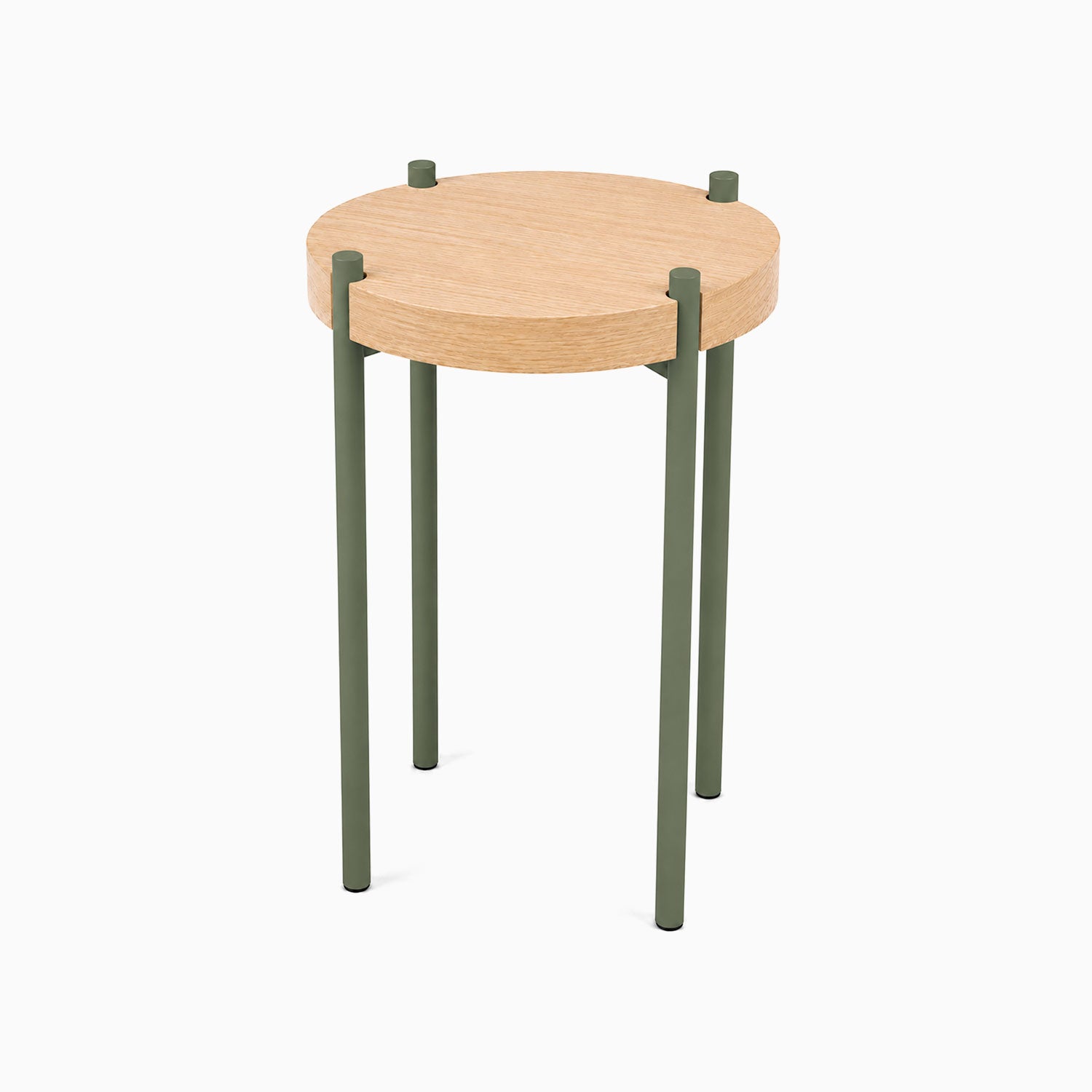 Fern Plant Stand (White Oak) with minimalist round solid hardwood top and durable olive green steel legs, perfect for displaying plants and decor.