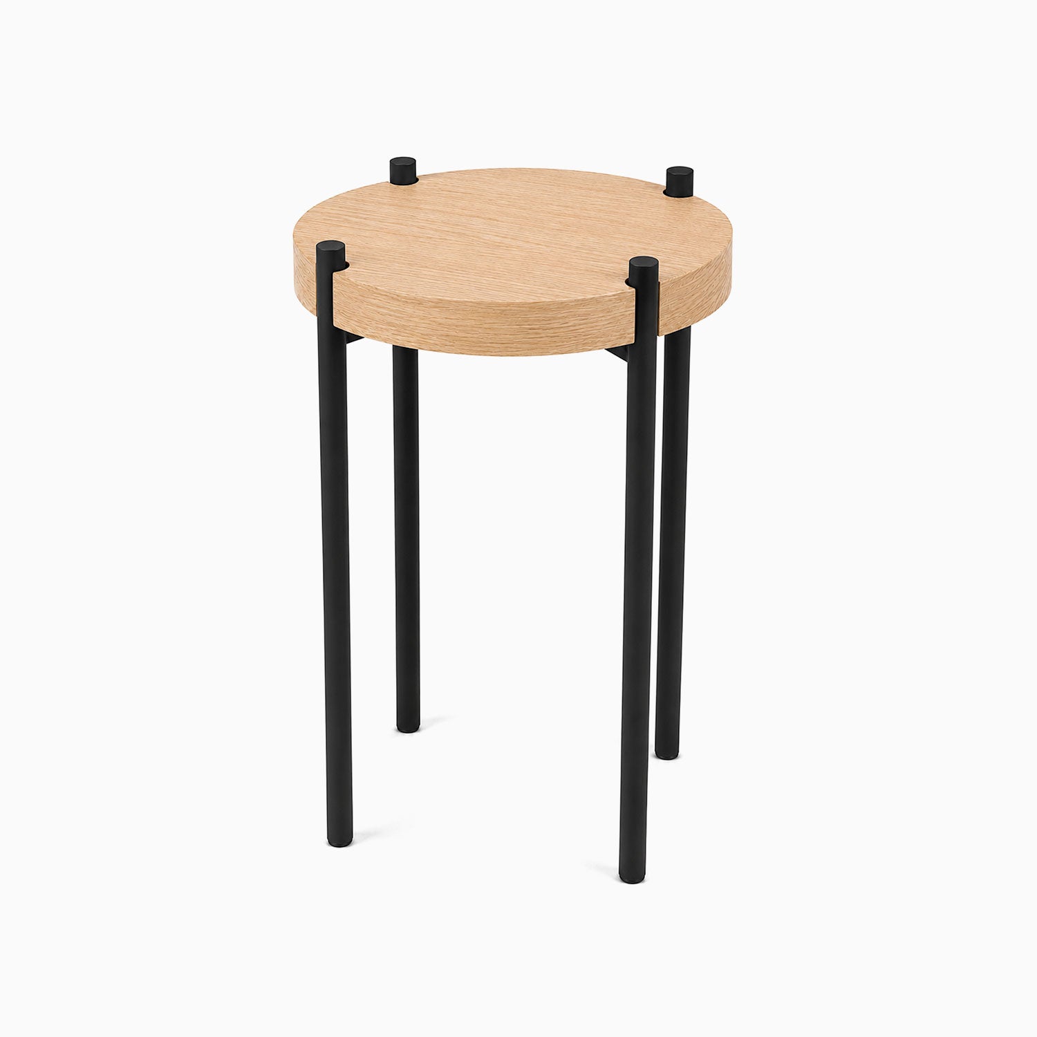 Fern Plant Stand (White Oak) with a round solid hardwood top and sturdy black metal legs, perfect for minimalist functional display and organization.