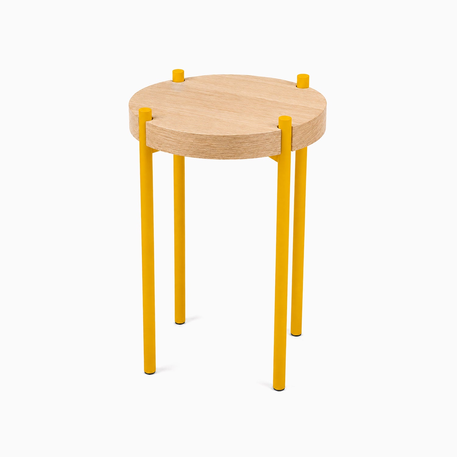 Simple minimalist Fern Plant Stand (White Oak) with round solid hardwood top and vibrant yellow metal legs, perfect for stylish display and organization.
