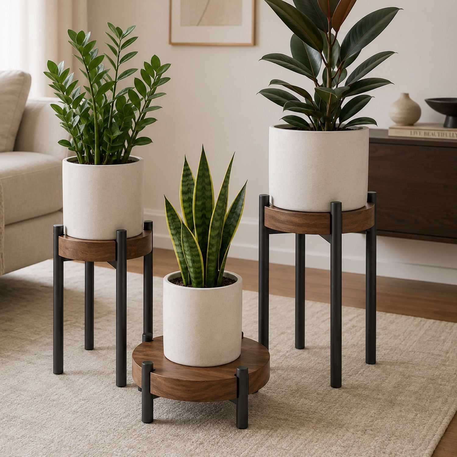 Three green plants in white pots displayed on Fern Plant Stand (Walnut) with black steel legs in a minimalist living room setting focusing on wall shelves and organization.