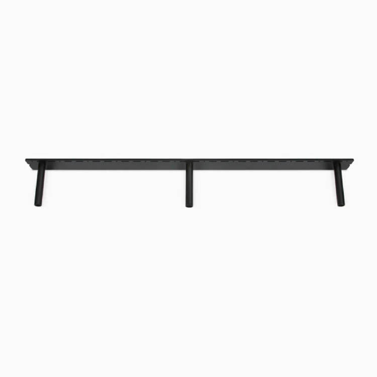 Minimalist black metal floating shelf bracket with three vertical supports designed for sturdy wall-mounted wood floating shelves.