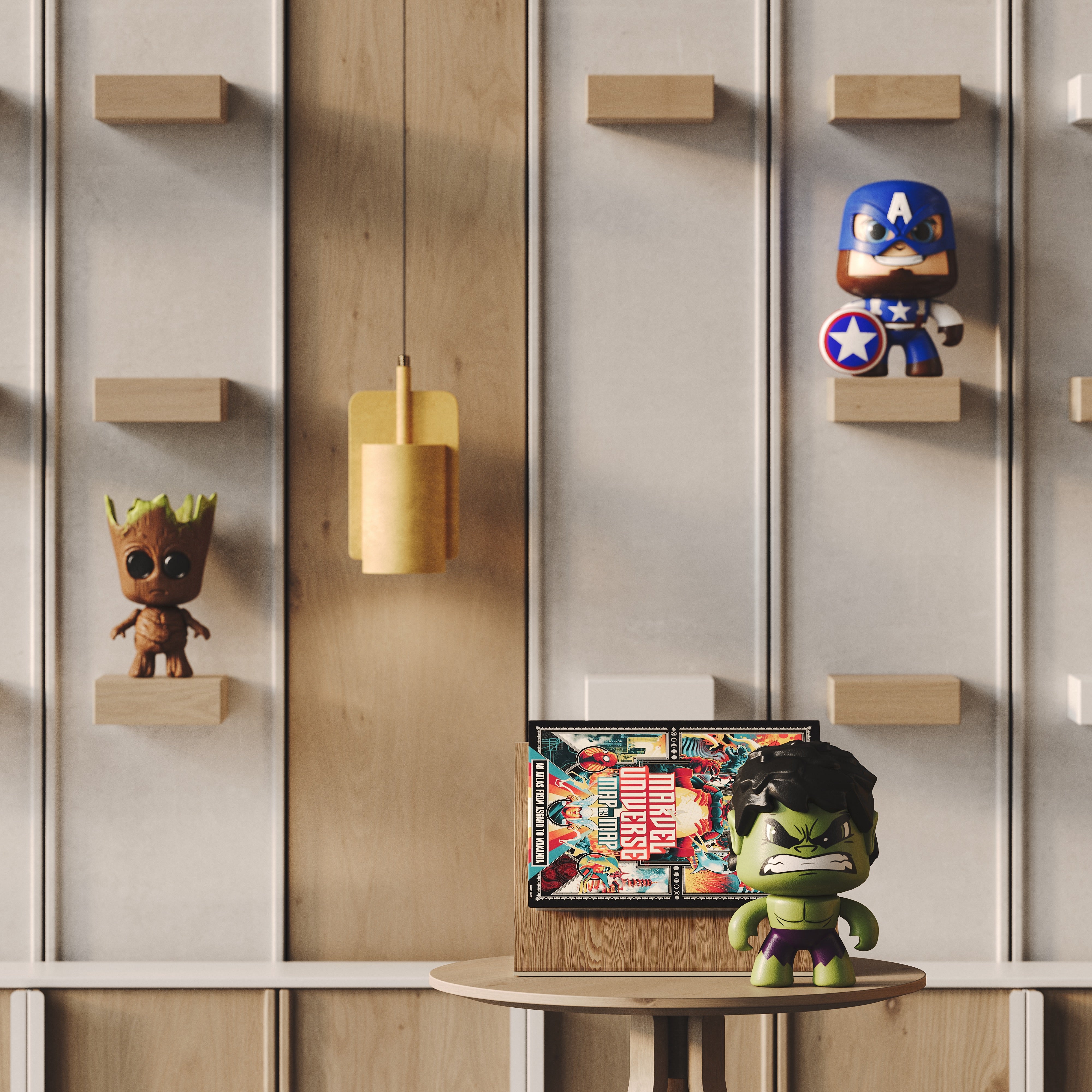 Solid white oak square shelf mounted on wall with collectibles