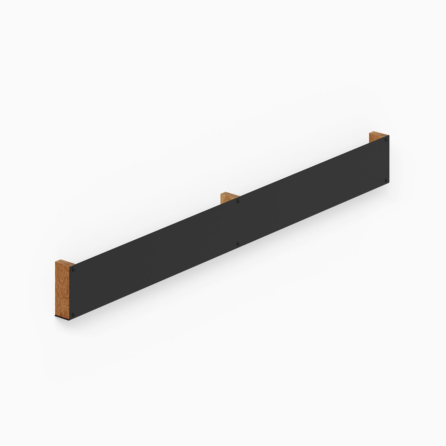 Folio Art Book Display featuring a minimalist black metal front panel with warm white oak wood supports, designed to showcase art books while maximizing wall space.