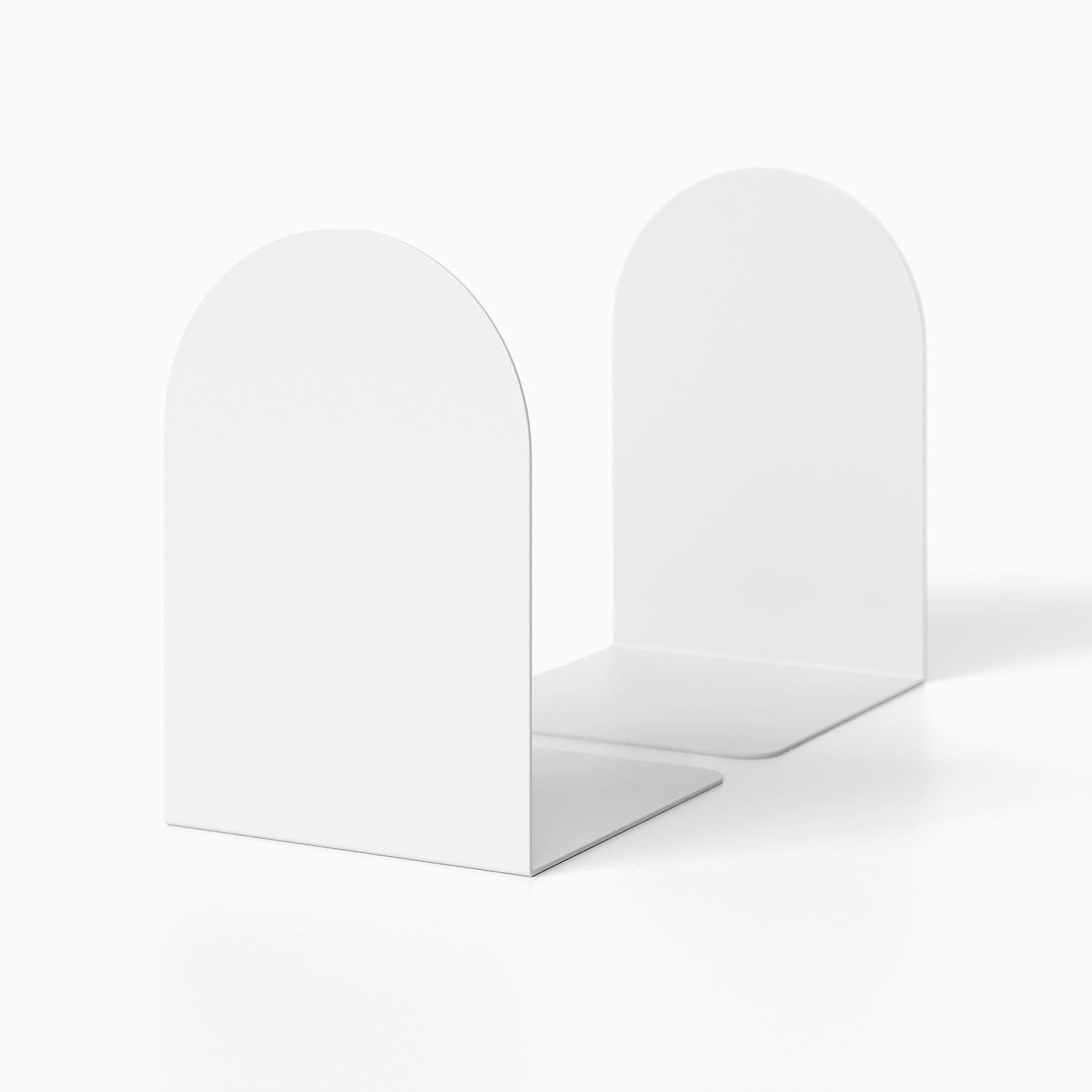 Minimalist white metal bookends with rounded tops designed for organizing shelves, shown as a Geo Round Bookend (Set of Two)