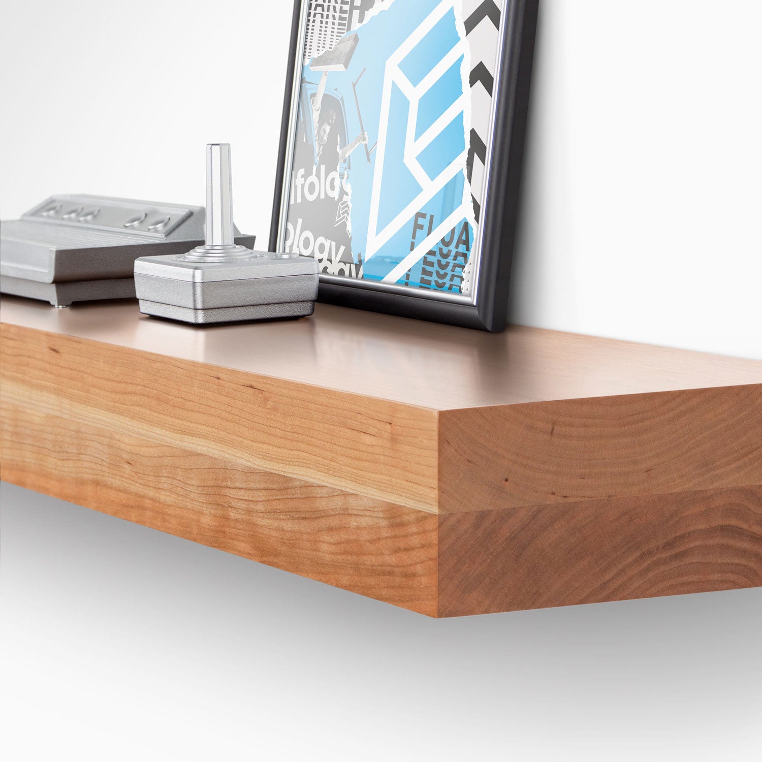 Glenn Cherry Floating Mantel showcasing minimalist wood floating shelf with modern decor on white wall background