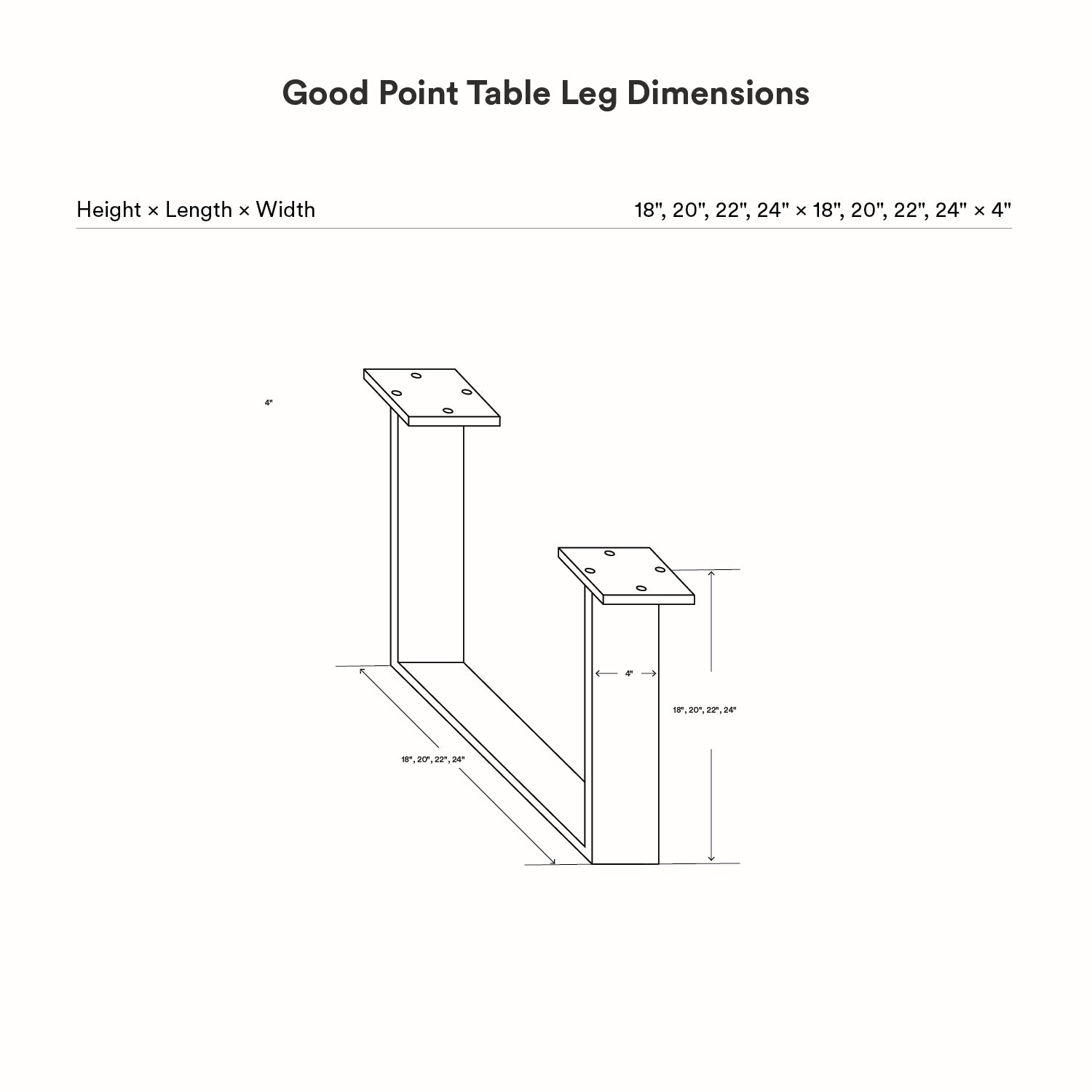 Technical line drawing showing dimensions for Good Point Coffee Table Legs (Two Legs) with height, length, and width measurements for customizable table support.