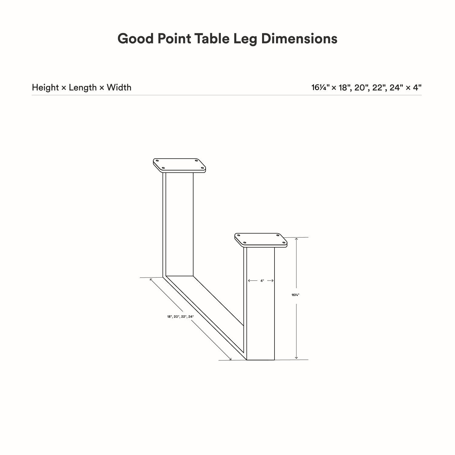 Technical line drawing showing dimensions of Good Point Coffee Table Legs (Set of Two) with different height, length, and width measurements for precise furniture assembly.