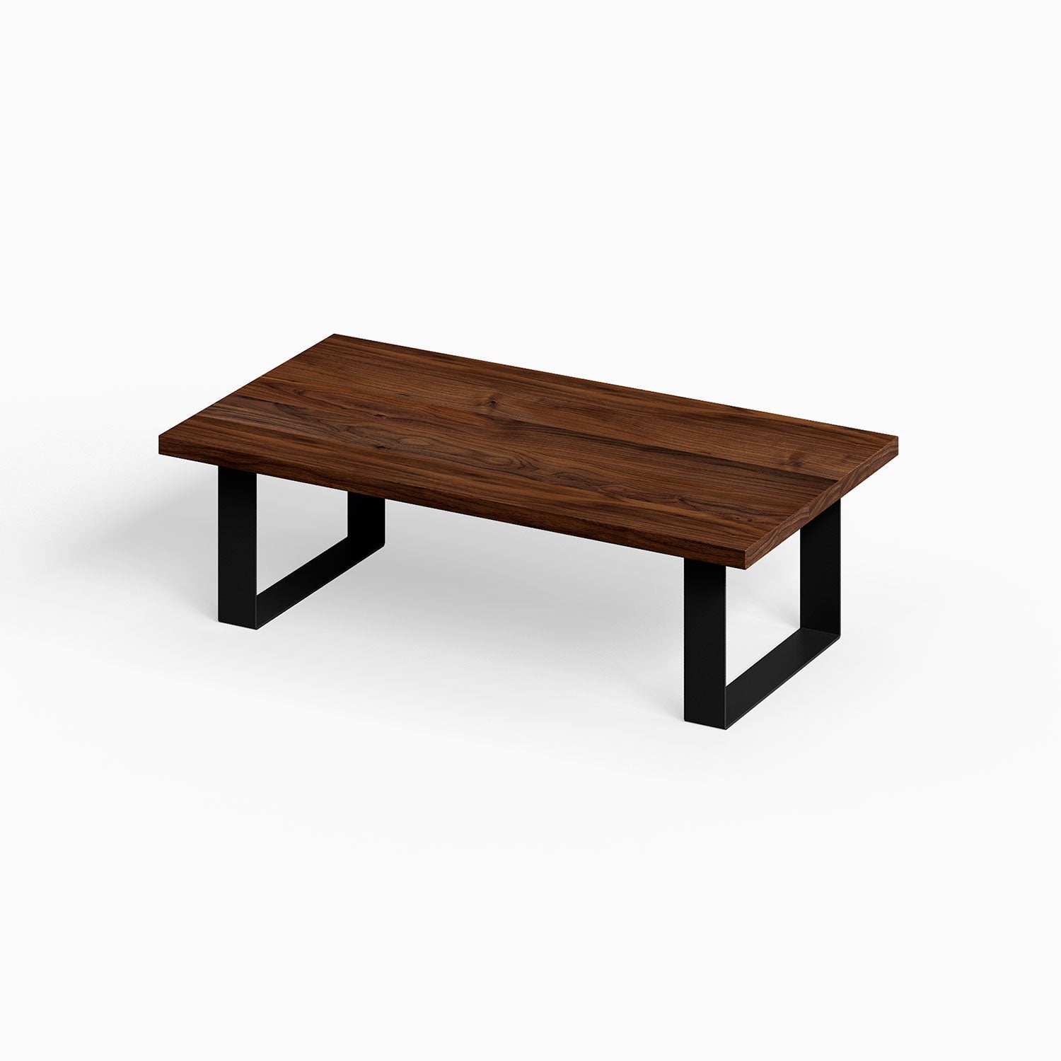 Good Point Coffee Table with rich walnut wood top and sturdy black metal legs, combining solid hardwood and steel for a minimalist modern living space.