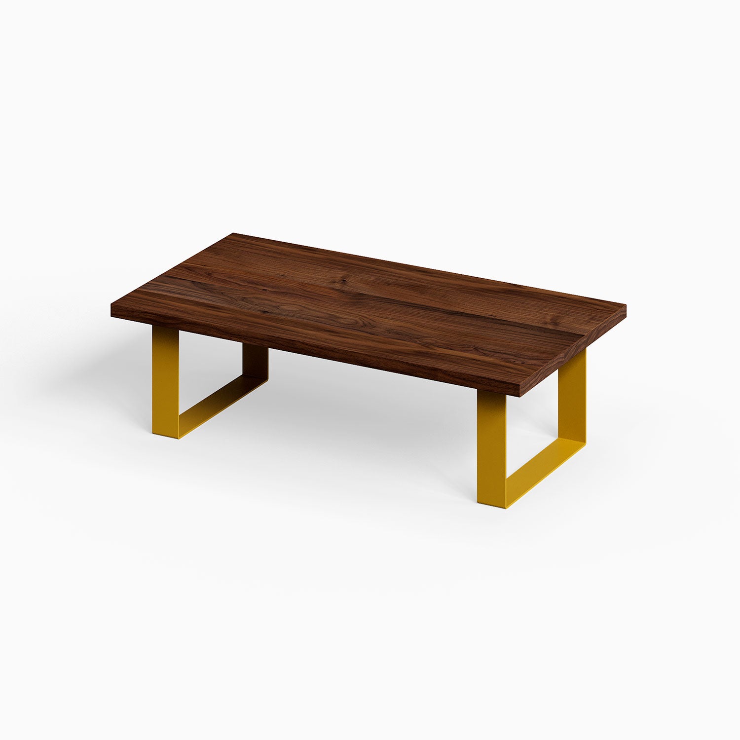 Good Point Coffee Table with solid walnut top and honey mustard steel legs, combining mixed-material design for a functional, modern living space.