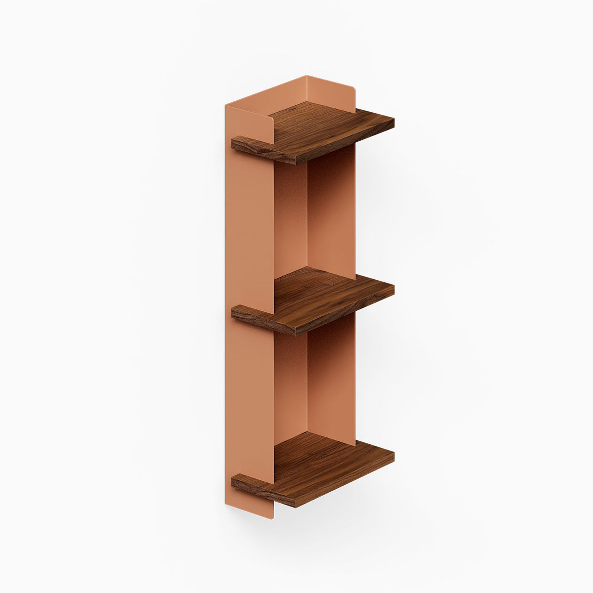 Halle Bookshelf (Walnut) with three open wood shelves in a slim vertical wall display