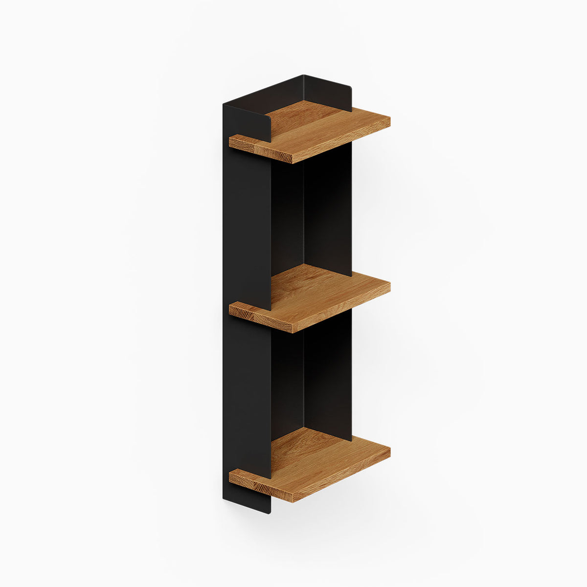Halle Bookshelf (White Oak), a vertical wall-mounted shelf with three wood shelves and black side panels for organized display