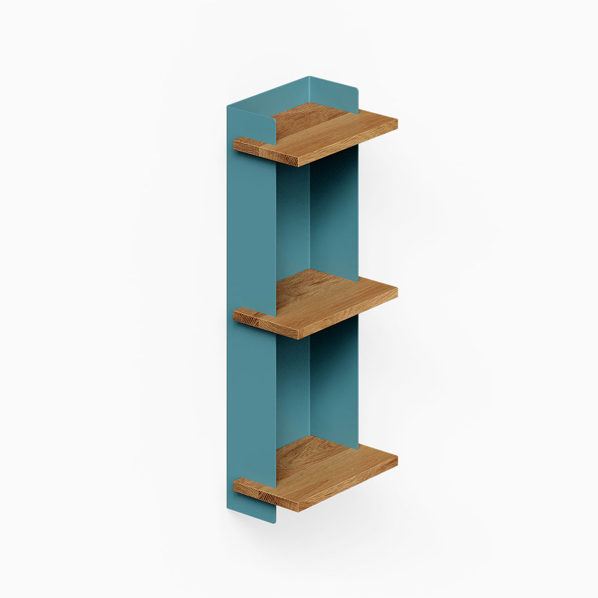 Halle Bookshelf (White Oak) with three wood shelves and teal vertical panels for organized wall display