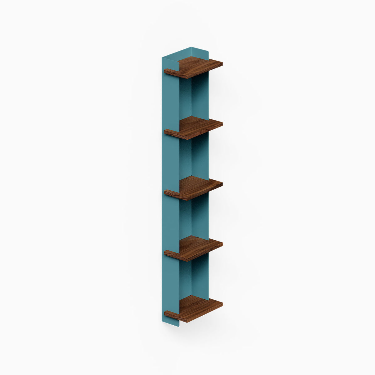Halle Bookshelf (Walnut) slim vertical wall shelf with five walnut shelves and a teal steel frame for organized display
