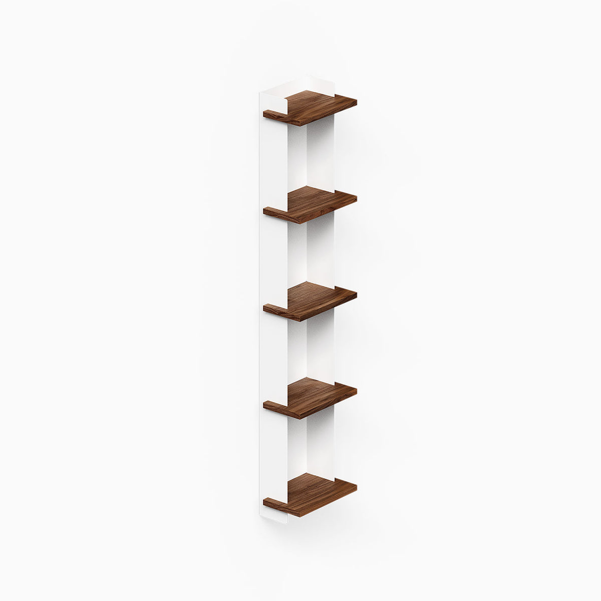 Halle Bookshelf (Walnut) with five wood shelves and white vertical supports mounted as a slim wall display