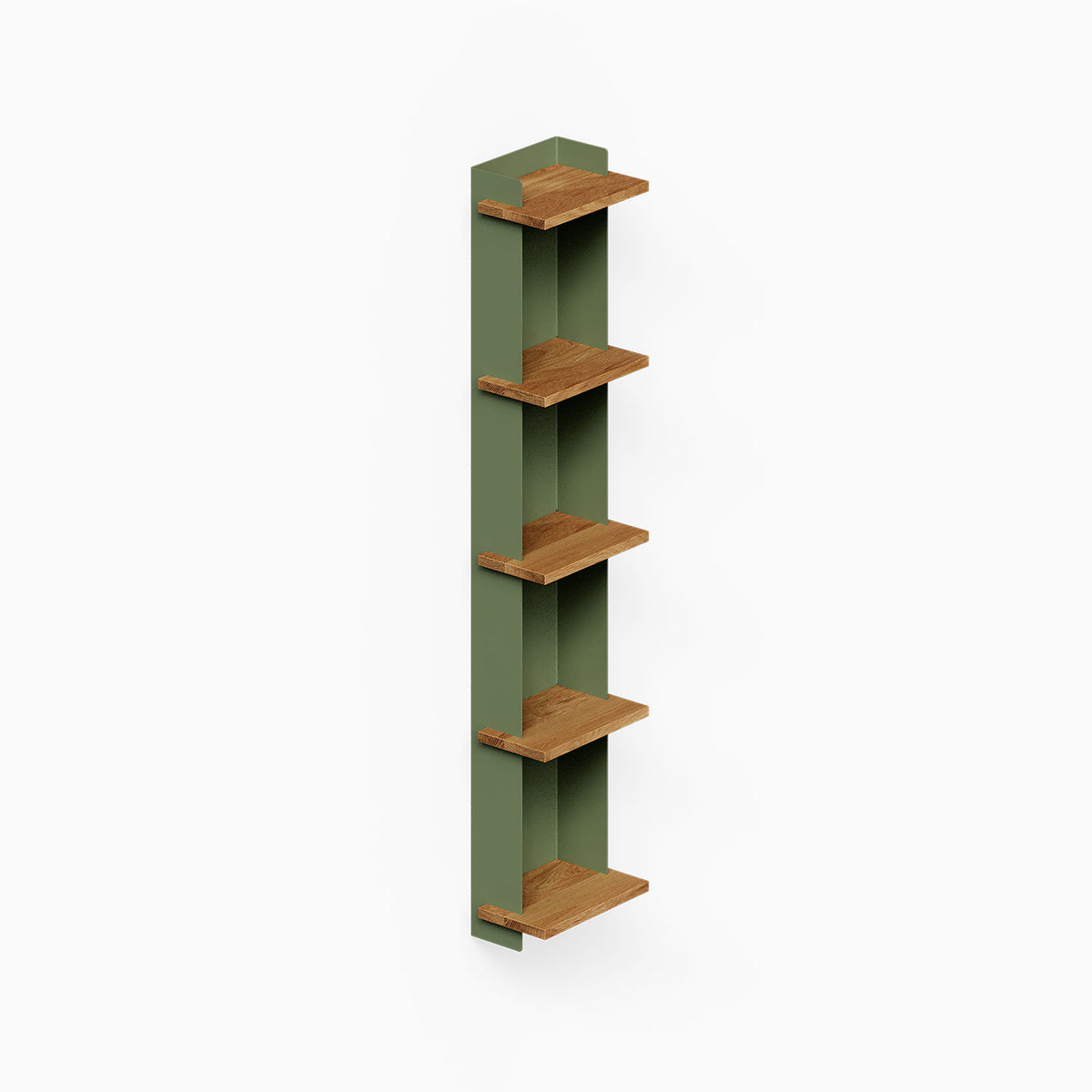 Halle Bookshelf (White Oak) vertical wall bookshelf with five wood shelves and a green back panel for organized display