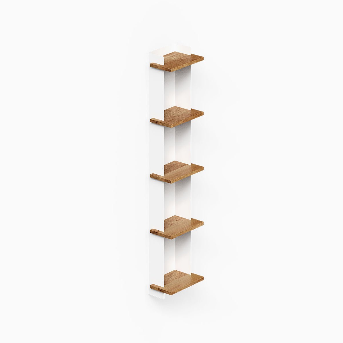Halle Bookshelf (White Oak), a tall white wall unit with five wood shelves for organized display and storage