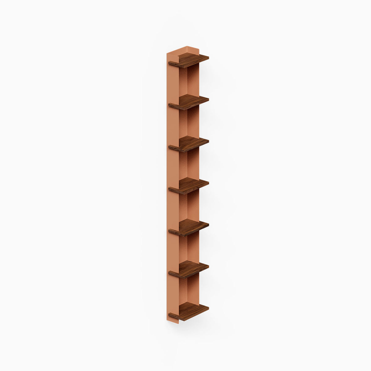 Halle Bookshelf (Walnut) vertical wall shelf with multiple wood shelves for compact display and organization