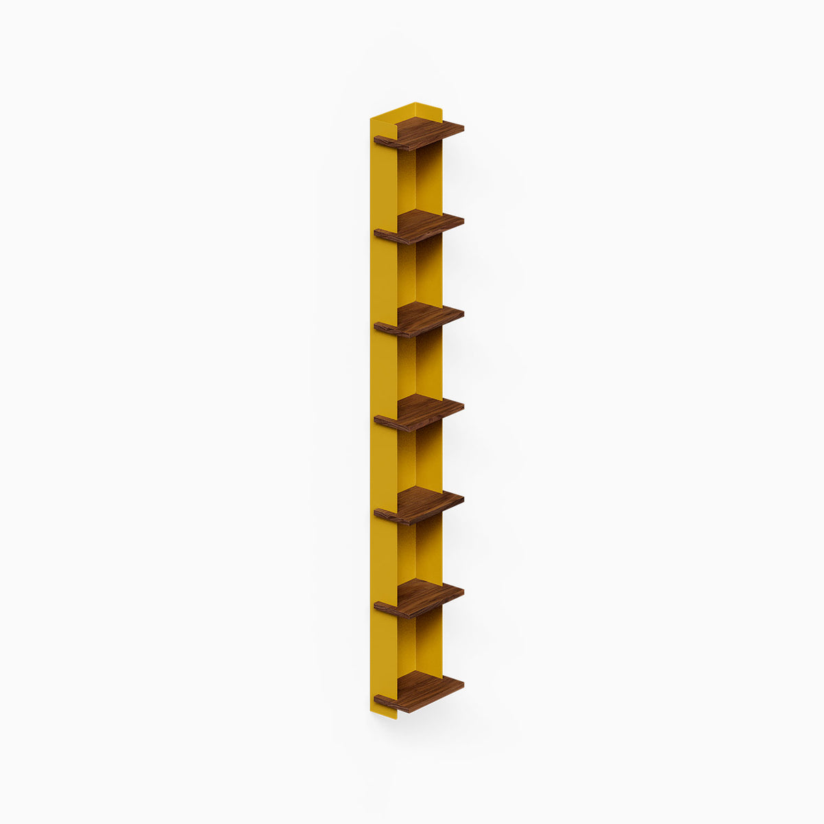 Halle Bookshelf (Walnut), a tall wall mounted bookshelf with multiple dark wood shelves and a gold vertical back panel