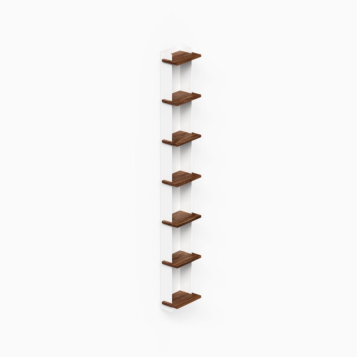 Halle Bookshelf (Walnut) vertical wall bookshelf with seven wood shelves and slim white supports for compact display and storage
