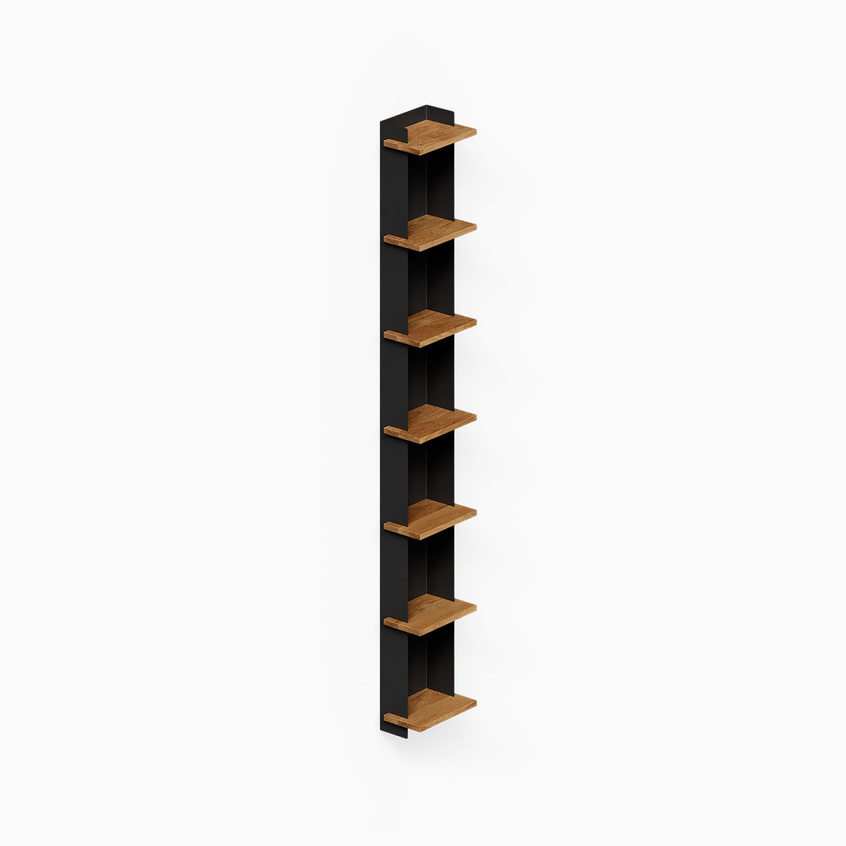 Halle Bookshelf (White Oak) tall wall mounted bookshelf with seven wood shelves and a dark vertical back panel