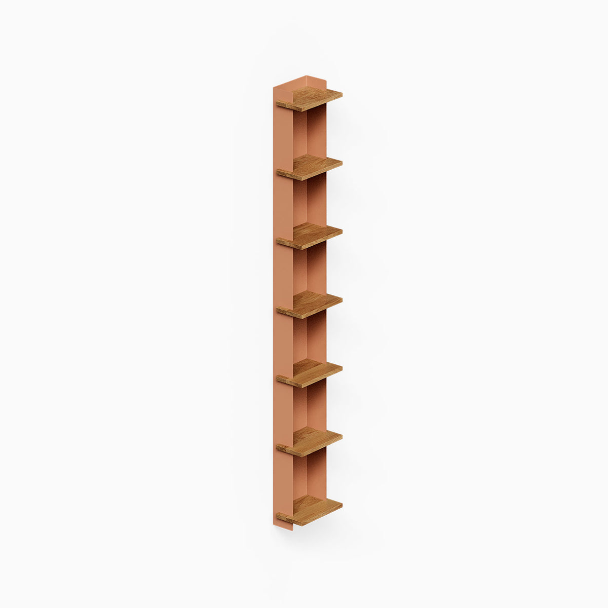 Halle Bookshelf (White Oak) tall wall mounted bookshelf with multiple wood shelves for compact vertical storage and display