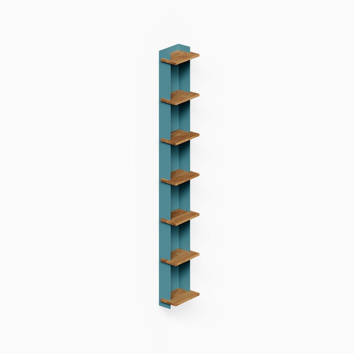 Halle Bookshelf (White Oak) tall wall bookshelf with a teal back panel and six wood shelves for compact display and storage
