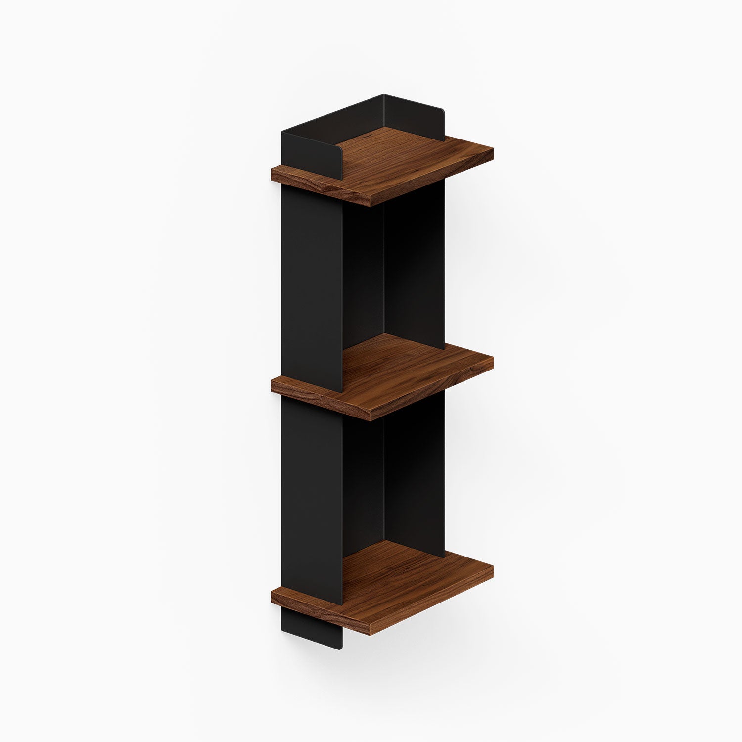Halle Bookshelf featuring mixed-material design with walnut wood shelves and black steel supports, ideal for stylish wall organization and display.