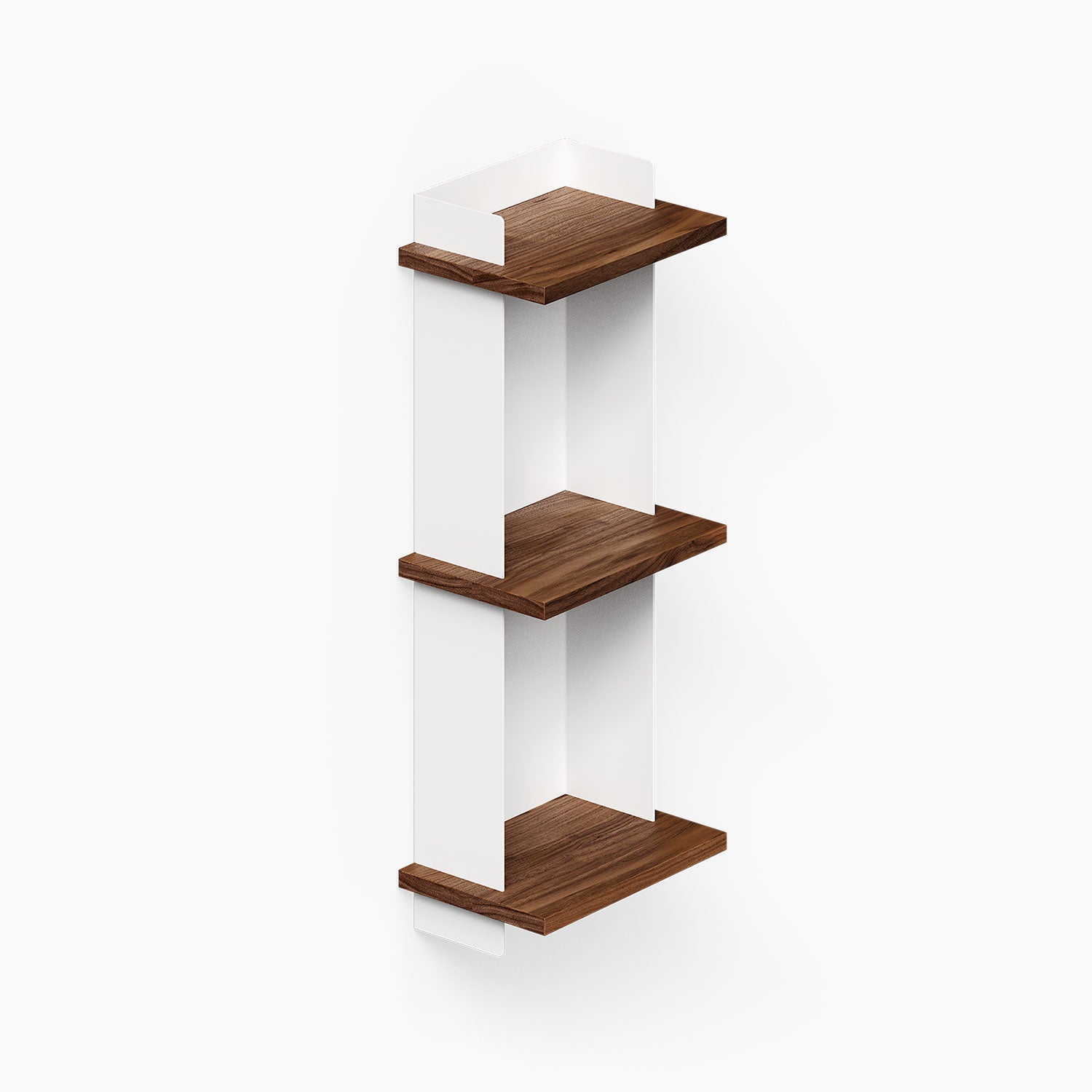 Minimalist Halle Bookshelf with walnut wood shelves and white steel supports, designed for functional wall storage and stylish display.