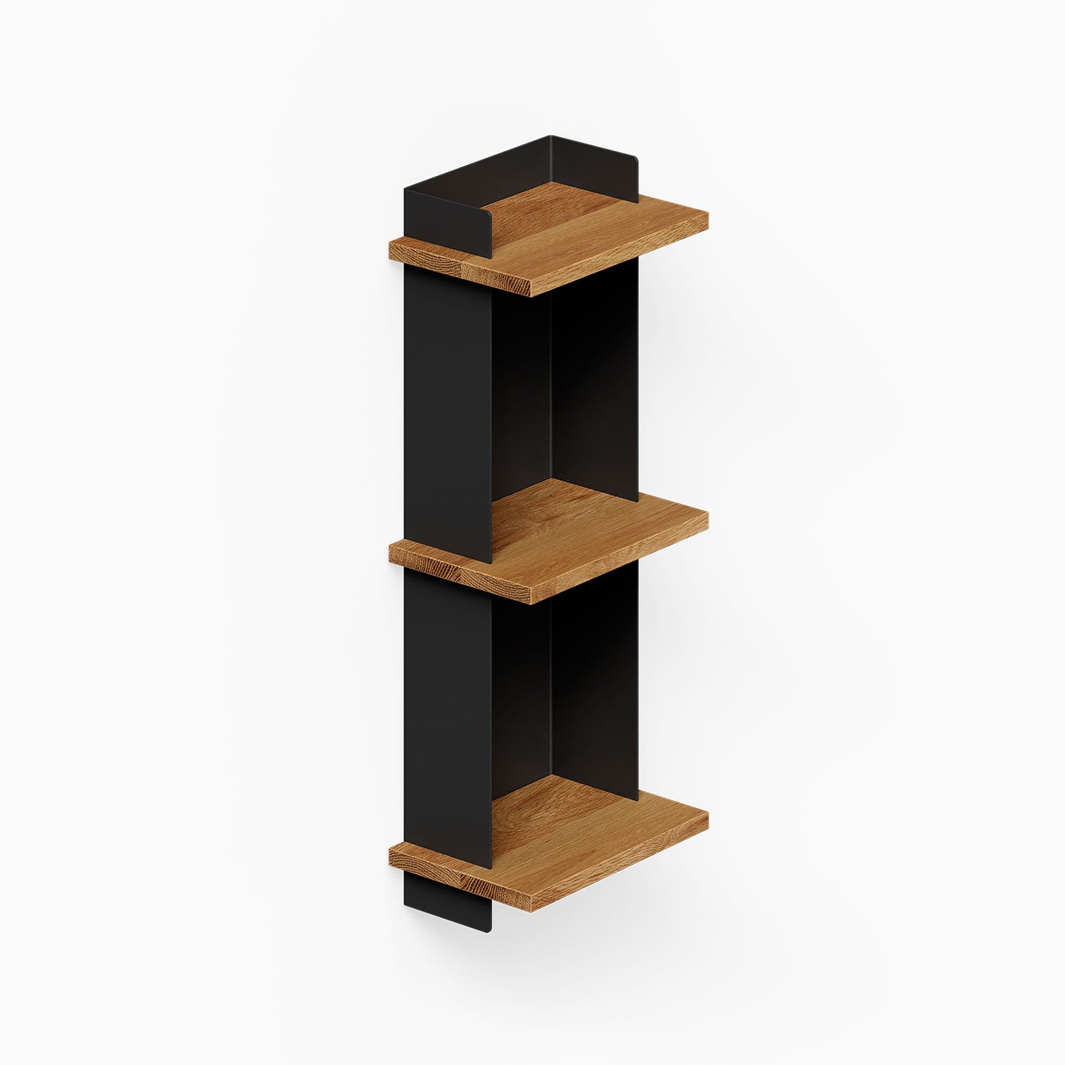 Halle Bookshelf features minimalist wood and black metal floating shelves designed to maximize wall space for organized display and storage.