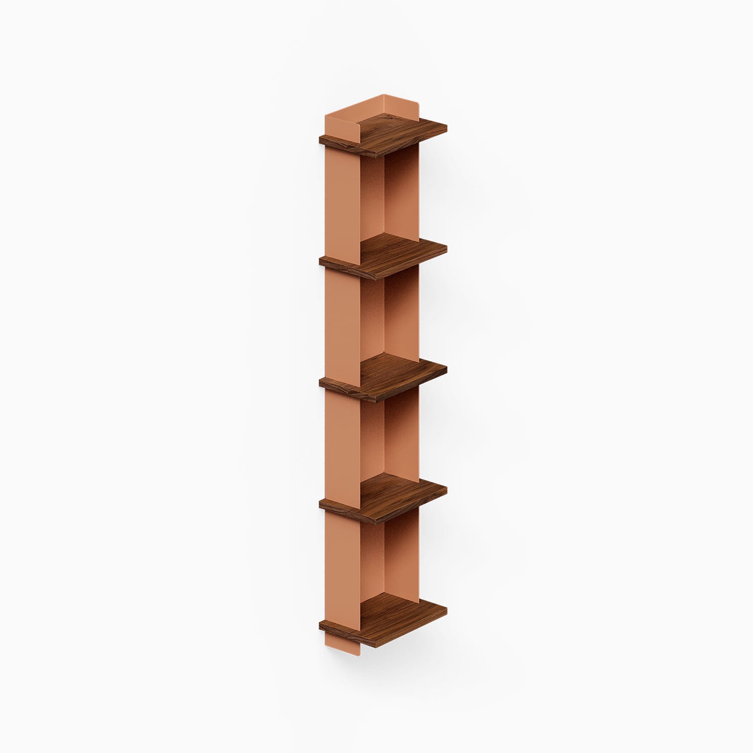 Halle Bookshelf in mixed walnut wood and clay-colored structure, minimalist vertical wall shelf perfect for organizing and displaying treasures.