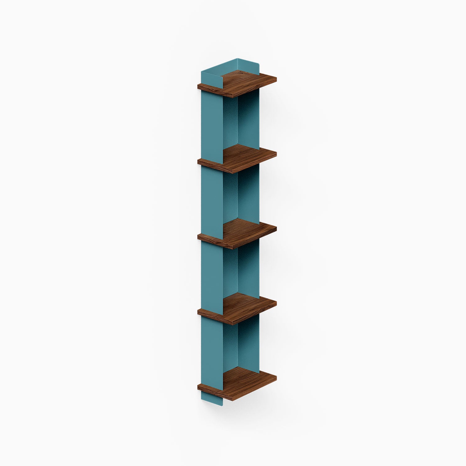 Halle Bookshelf with minimalist design featuring walnut wood shelves and blue steel frame, ideal for stylish wall display and organization.