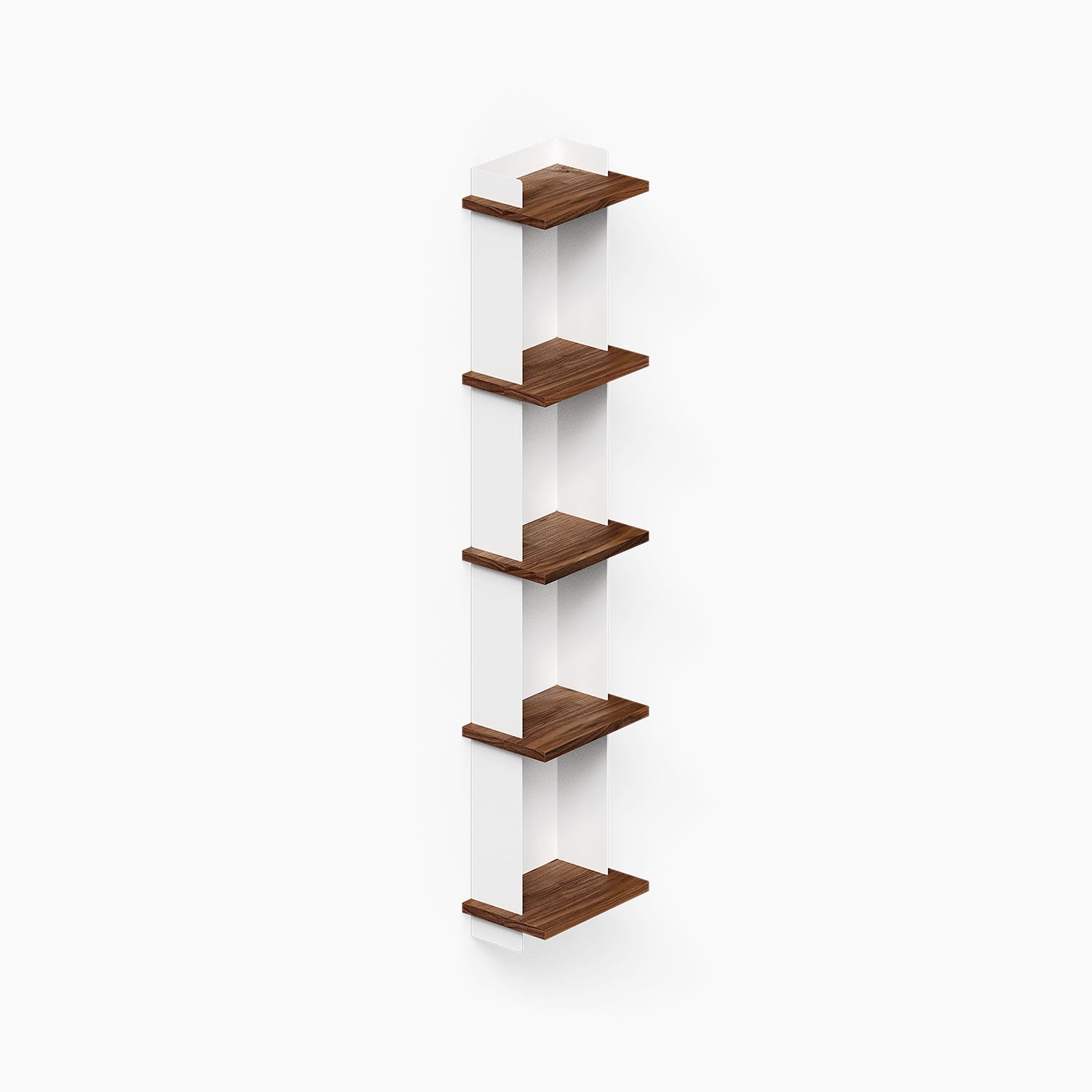 Halle Bookshelf with minimalist white frame and walnut wood shelves, designed to maximize wall space and organize treasures elegantly.