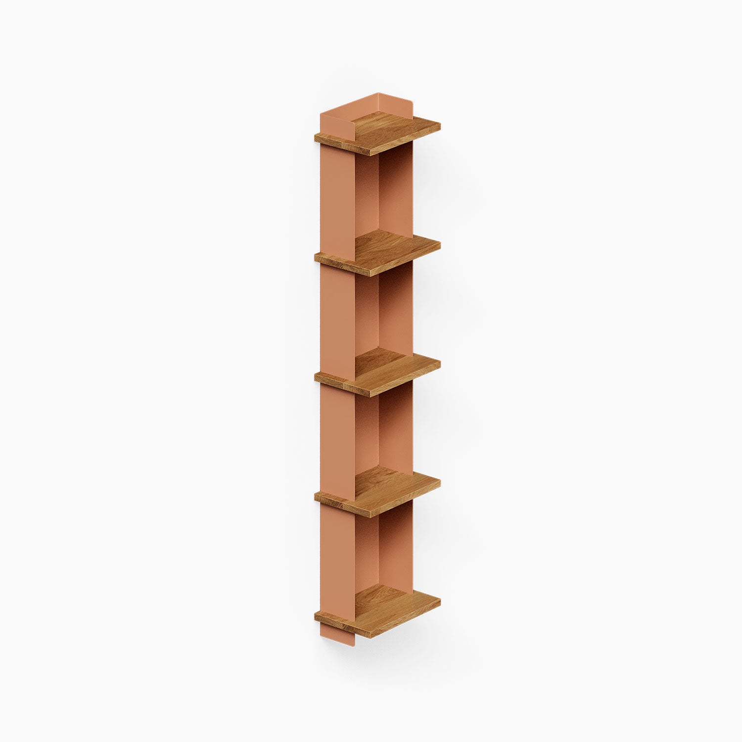 Halle Bookshelf featuring a minimalist wall-mounted design with five solid hardwood shelves and a clay-colored back panel, perfect for organized display.