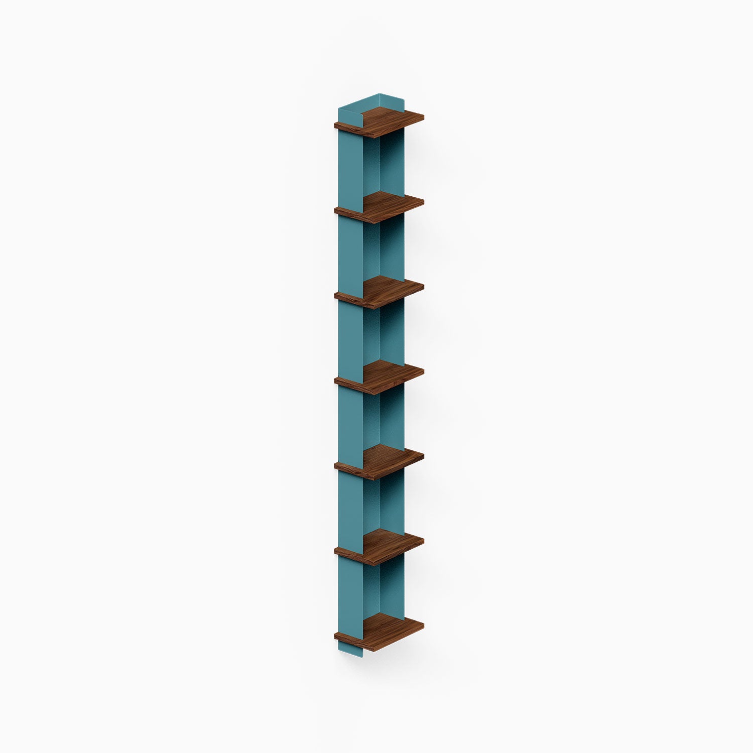 Halle Bookshelf featuring a minimalist design with walnut wood shelves and a teal vertical back panel, ideal for organizing and displaying decor.