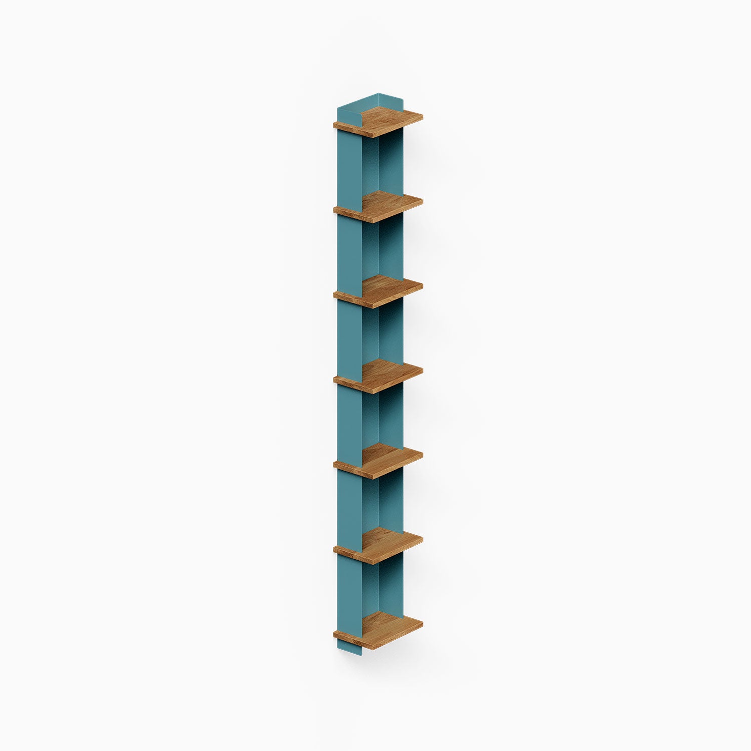 Halle Bookshelf featuring a vertical design with solid hardwood shelves and a teal steel back panel, perfect for organizing and displaying decor.