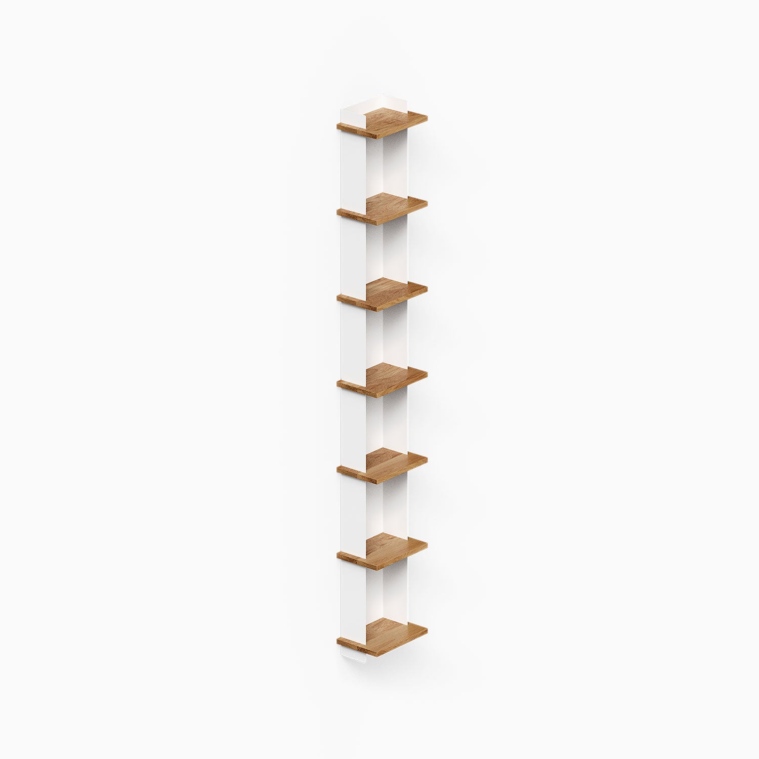 Halle Bookshelf featuring six compact wood shelves with a minimalist design, perfect for wall display and organization in any room.
