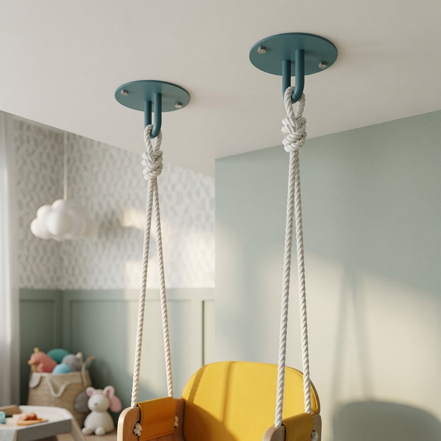 Two teal Hang On Ceiling Hooks securely fasten ropes for a wooden swing in a softly lit, minimalist kids' room with organized decor.
