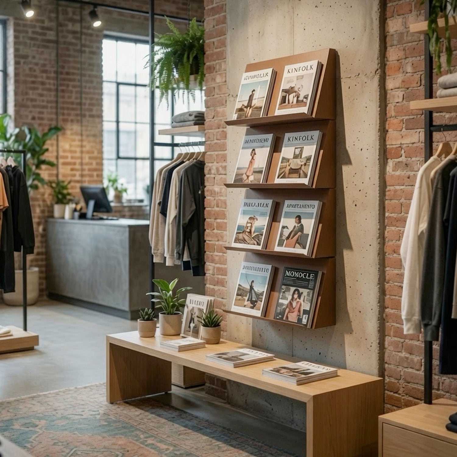 Contemporary retail space featuring the Issue Book + Magazine Wall Display with wood and steel mixed-material shelves showcasing magazines on a brick wall for organized, stylish display.