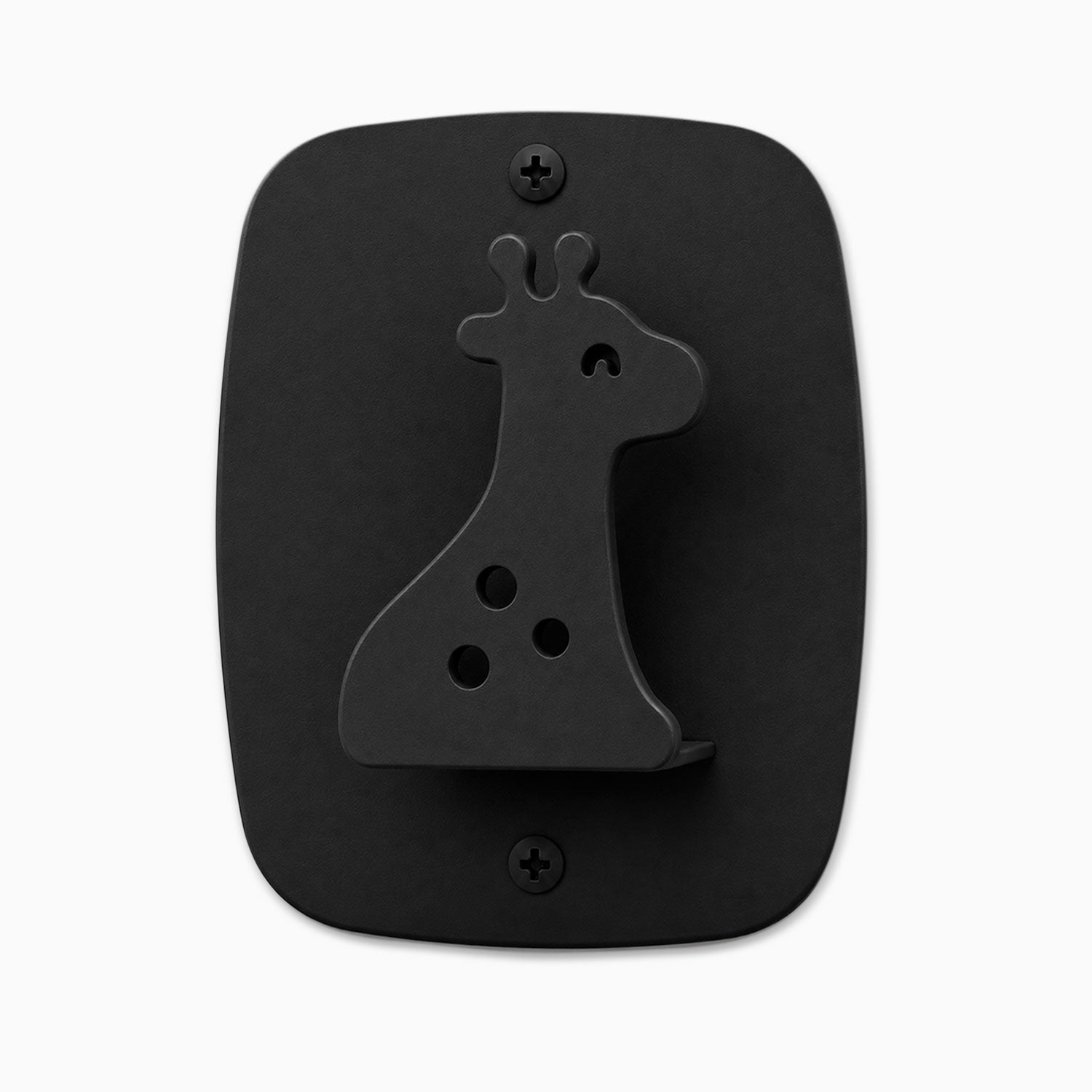 Kiddo Hooks black metal wall hook in the shape of a minimalist giraffe, designed for functional, organized wall display and decor.