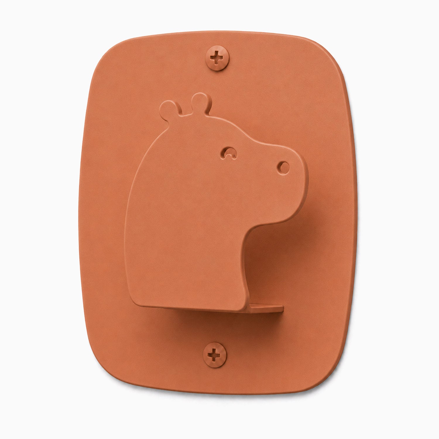 Kiddo Hooks wall hook shaped like a minimalist hippo in rust-resistant clay-colored metal, designed for functional kids’ room organization.