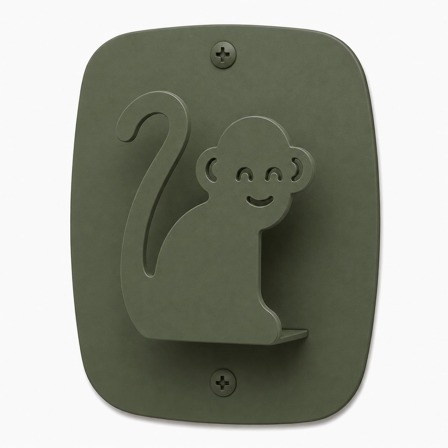 Kiddo Hooks wall hook shaped like a smiling monkey in muted green, made from durable rust-resistant stainless steel for organized, playful spaces