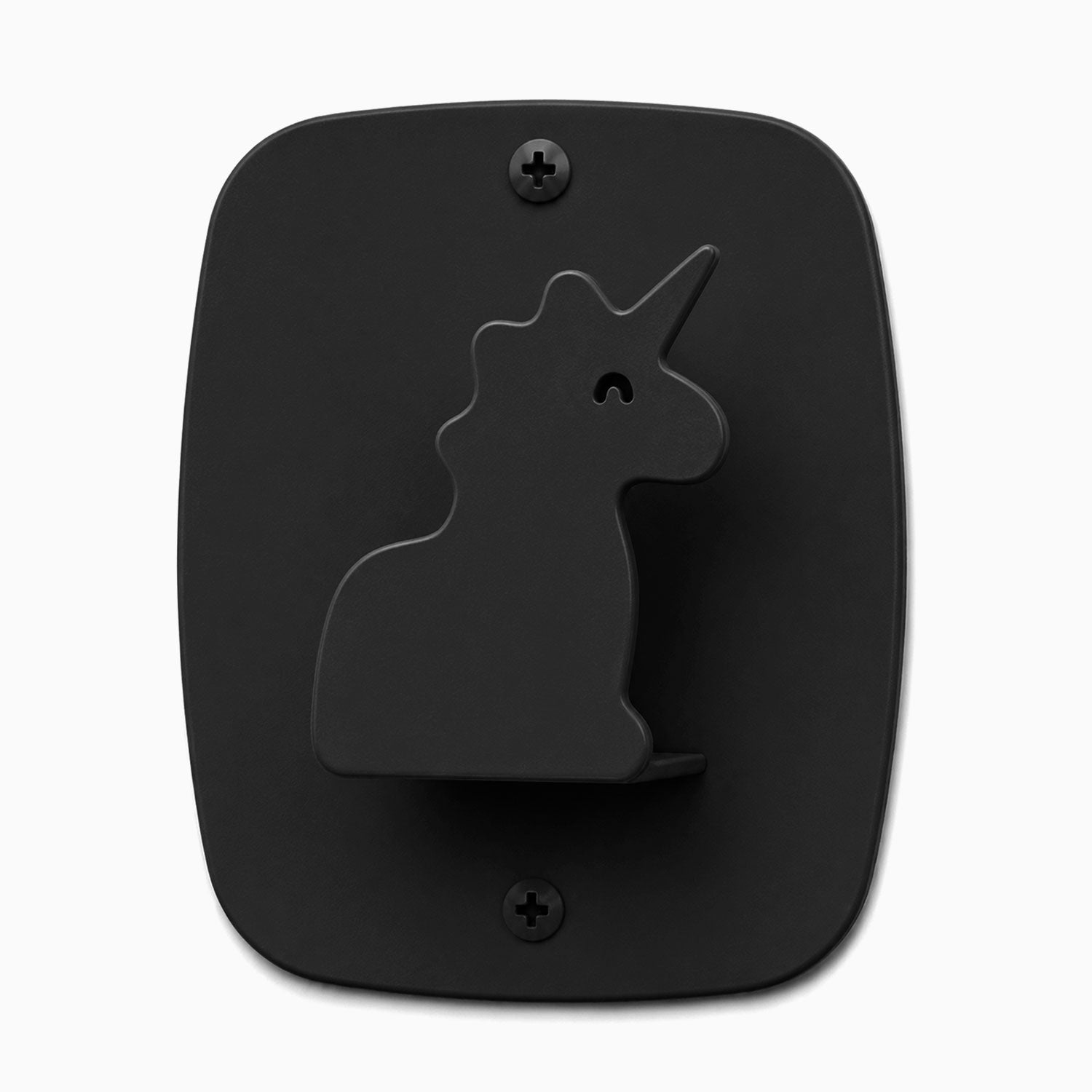 Minimalist black wall hook with a unicorn silhouette design made from durable metal, ideal for functional organization, Kiddo Hooks.