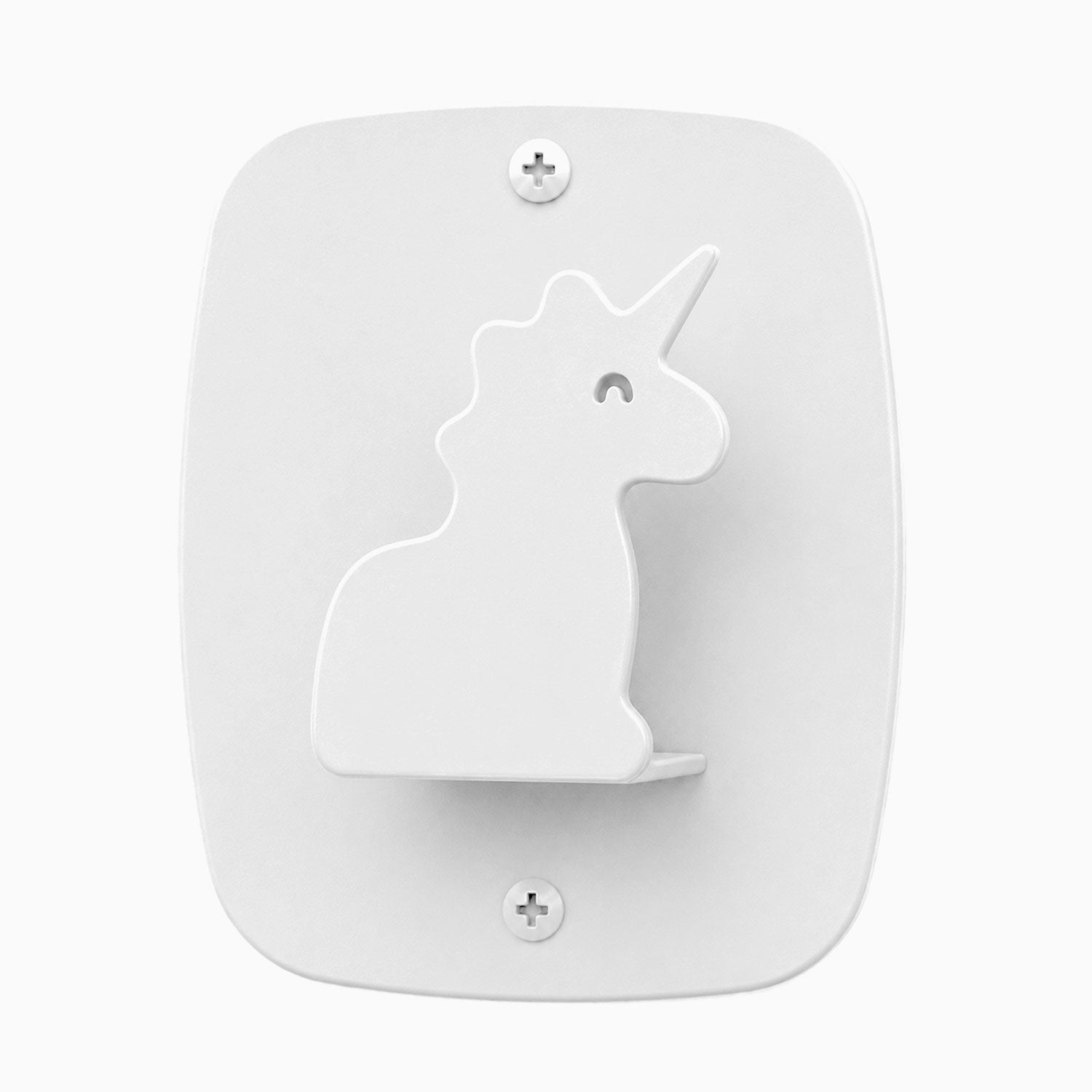 White wall hook designed as a minimalist unicorn silhouette, part of the Kiddo Hooks collection for functional wall organization.