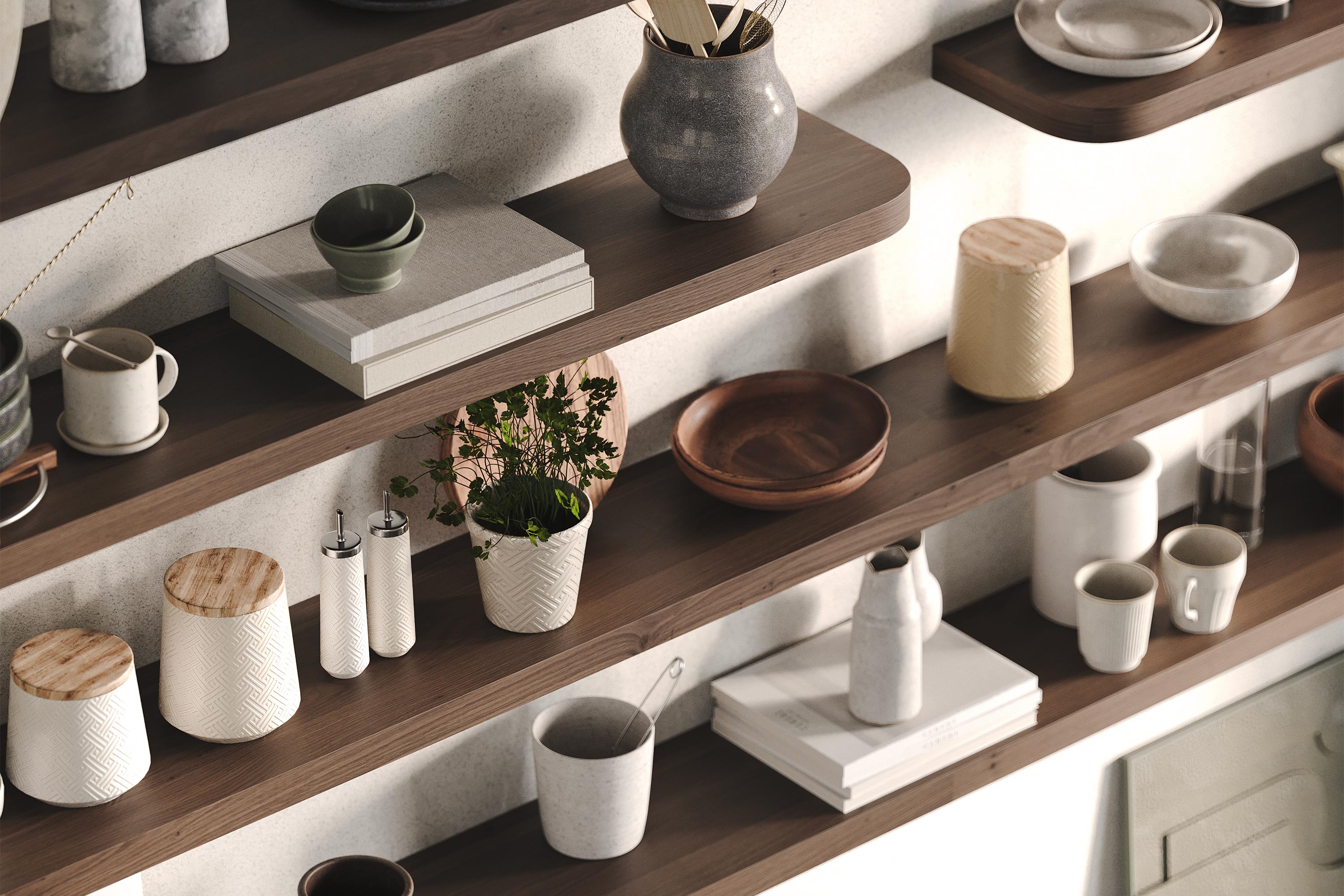 Solid walnut Aksel floating shelves displaying ceramics, cutting boards, and herbs against a neutral backsplash.
