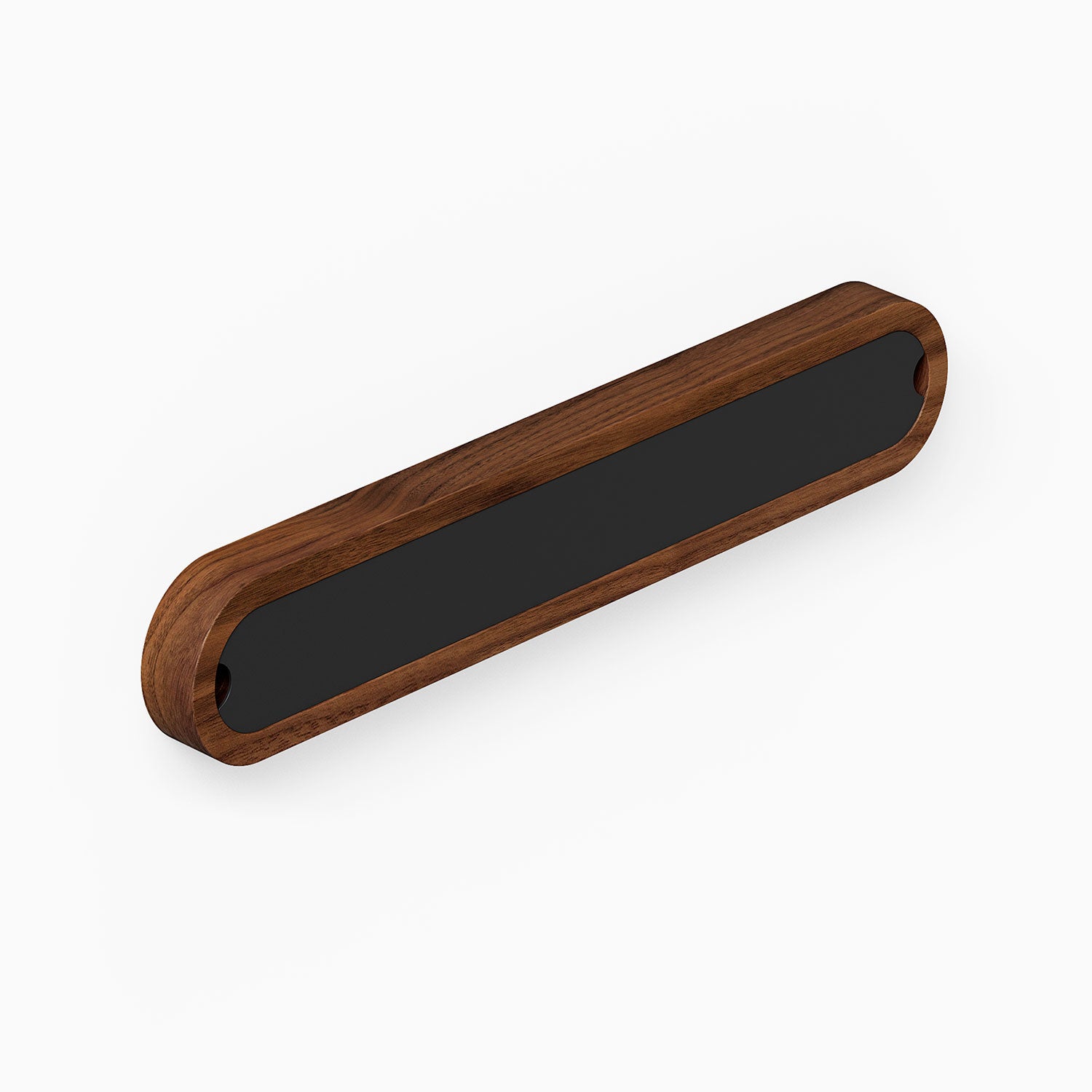 Nico Knife Rail with a minimalist walnut wood frame and black steel center, designed for elegant and functional wall storage in kitchens.