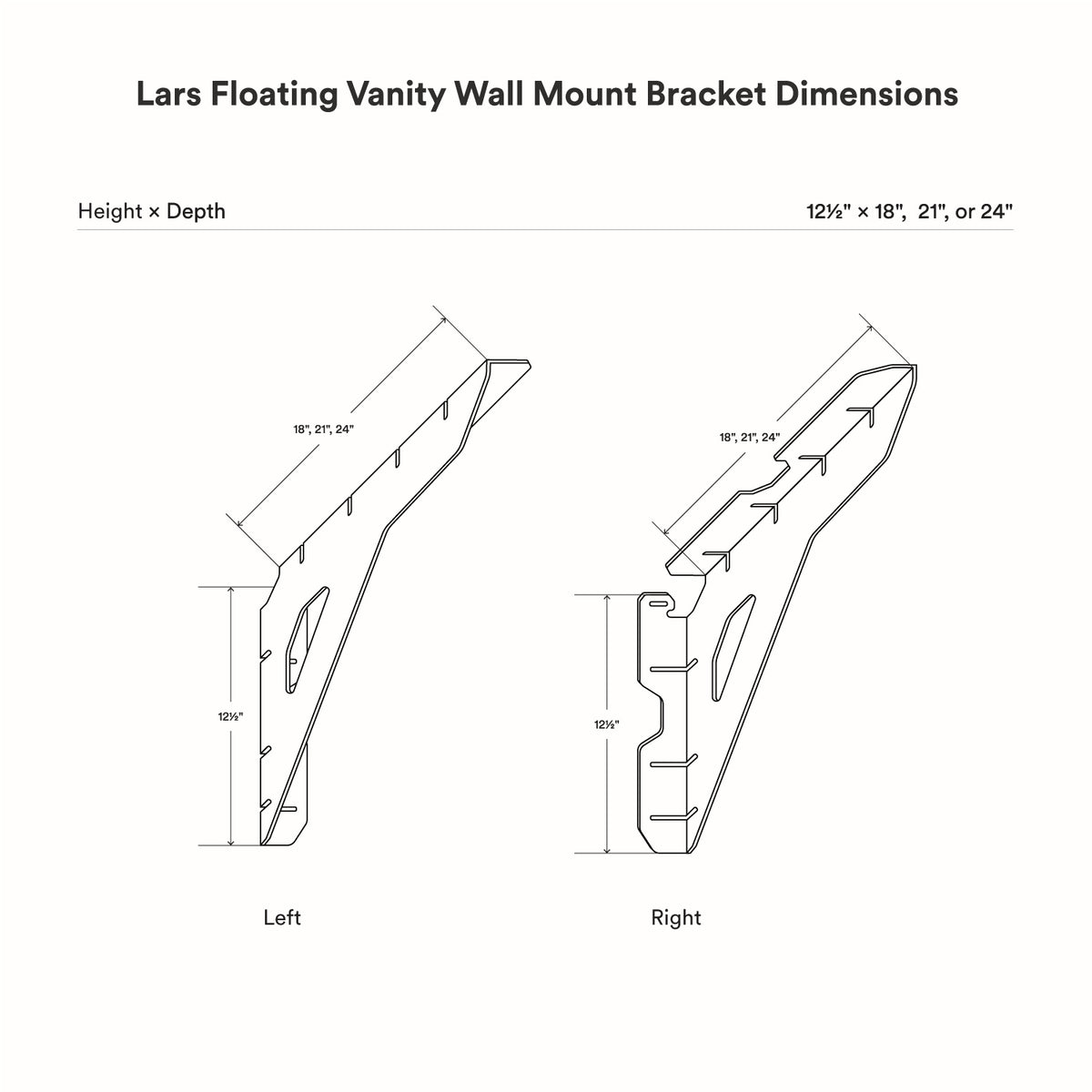 Lars Floating Vanity Wall Mount Bracket dimensions diagram showing left and right brackets with 12.5 inch height and 18 21 or 24 inch depths