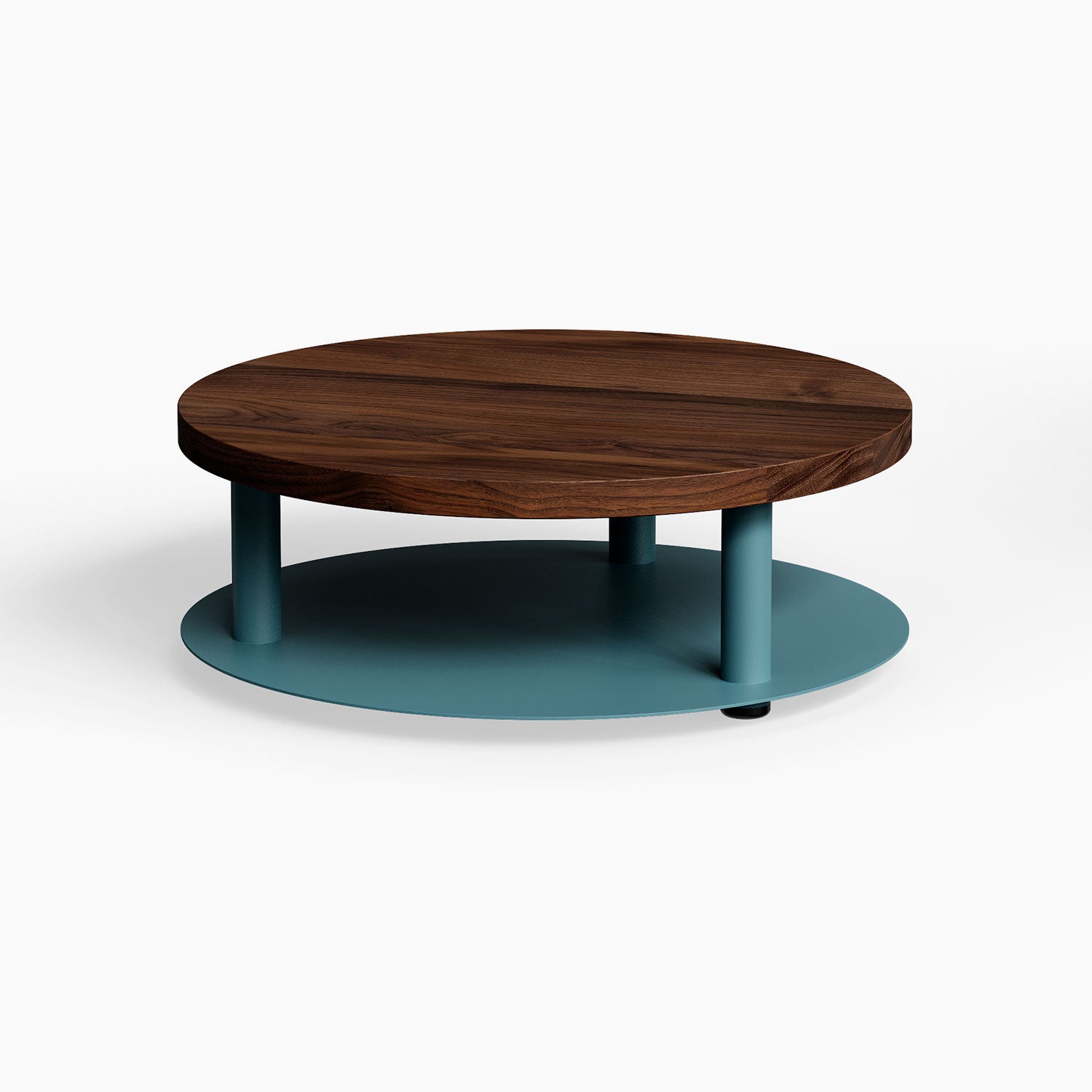 Ledger Coffee Table with round solid hardwood walnut top and sturdy teal steel base, blending mixed-material design for modern living spaces.