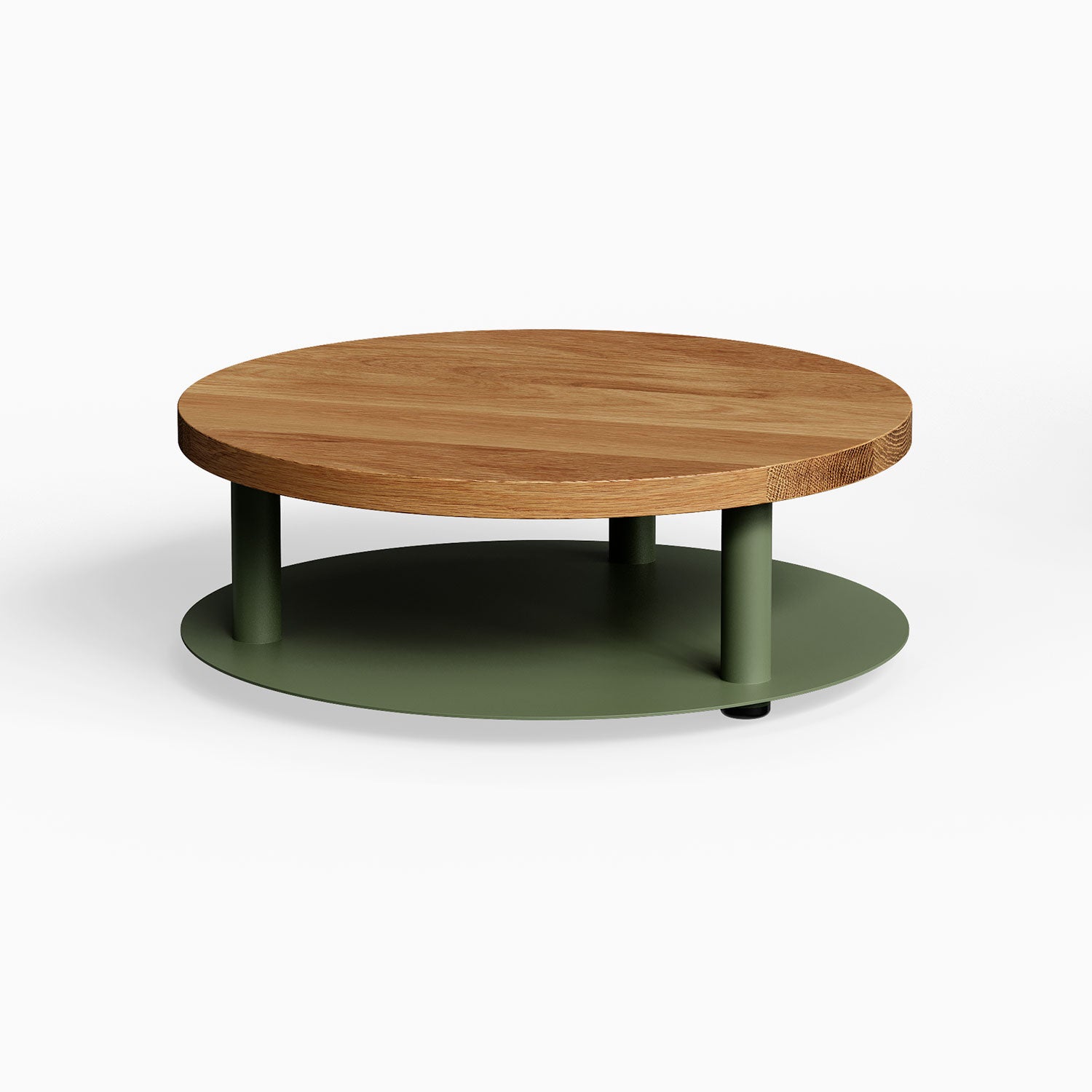 Ledger Coffee Table with round solid hardwood top and matte green steel base, minimalist design maximizing functional wall and floor space.